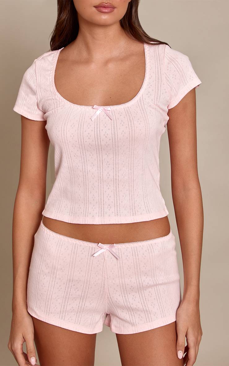 Rose Bébé Short De Pyjama Mini Ajusté Pointelle À Motif Fleuri Blanc