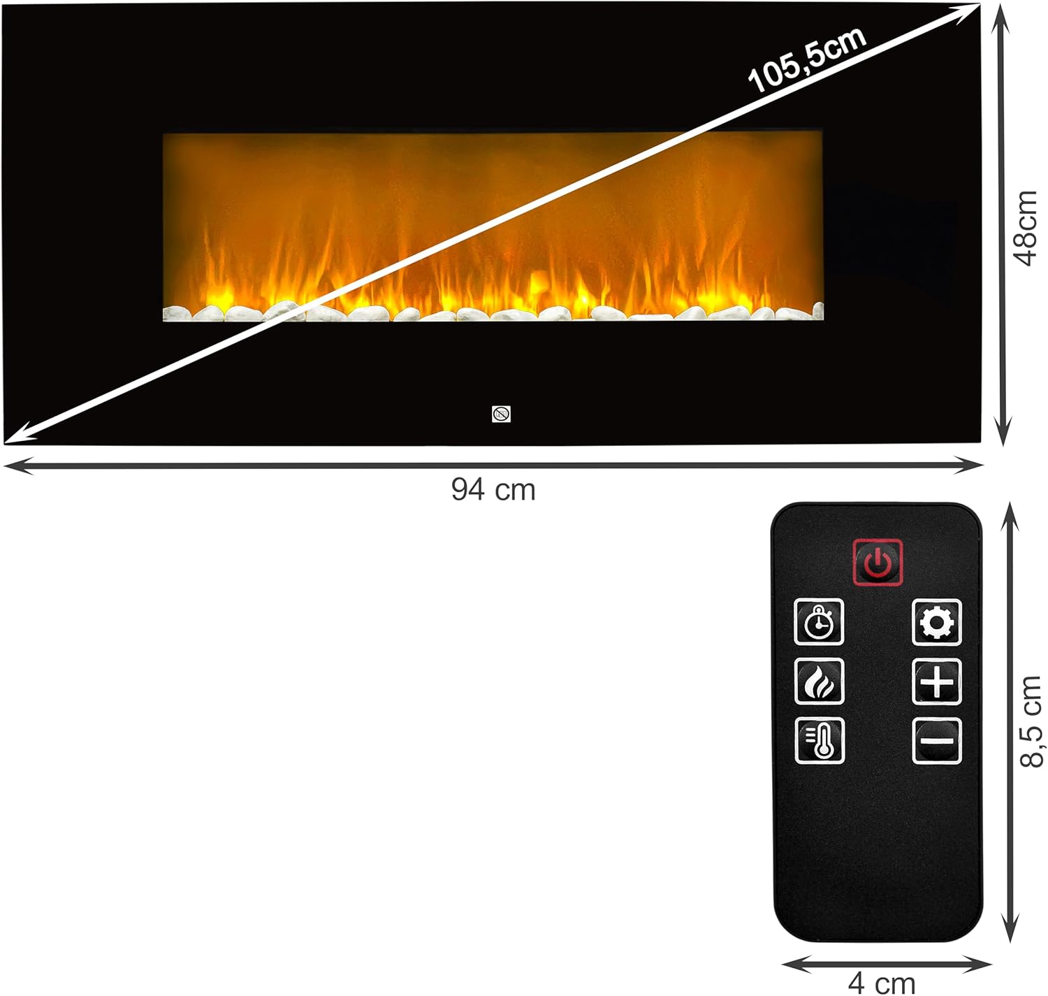 Elektrokamin Wandmontage 94cm – Elektrischer Kamin mit LED Flammeneffekt & Heizfunktion 2000W – Wandkamin mit Thermostat Timer & Fernbedienung – Design Kaminofen ohne Schornstein, Schwarz