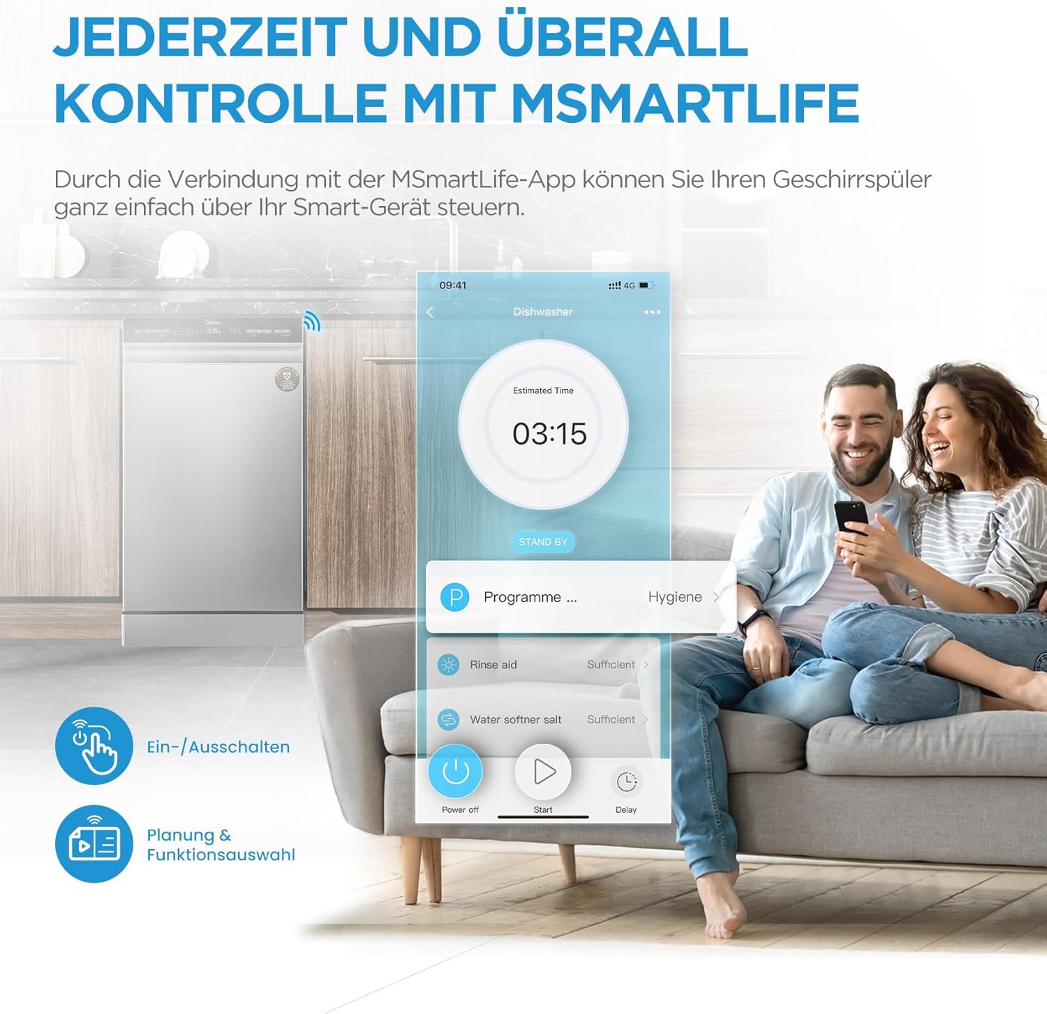 Midea Spülmaschine 45 cm MDWEF1034DSS-WE, Geschirrspüler Freistehend 10 Maßgedecke, Besteckkorb, höhenverstellbarer Oberkorb, Aqua-Stopp, Startzeitvorwahl, Silber