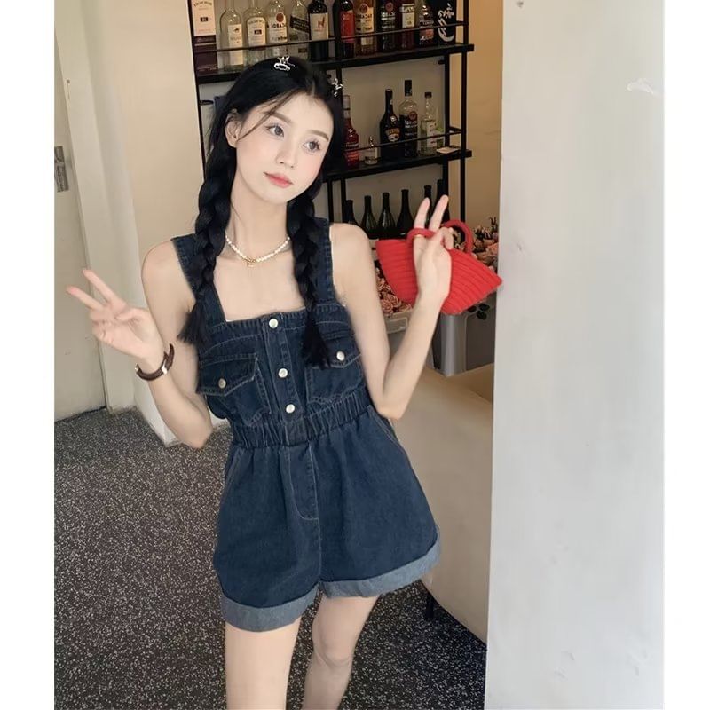 Wildfoea - Mouwloze denim romper met effen zakdetail