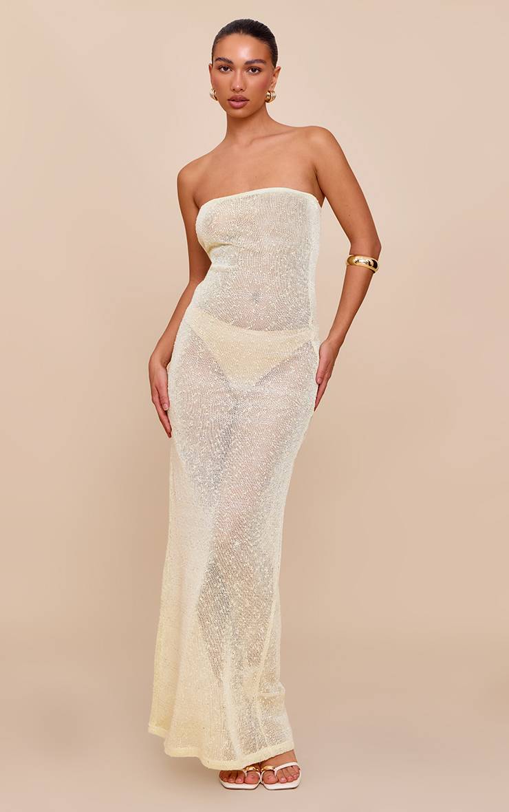 Pale Lime Robe Longue Bandeau Transparente À Sequins