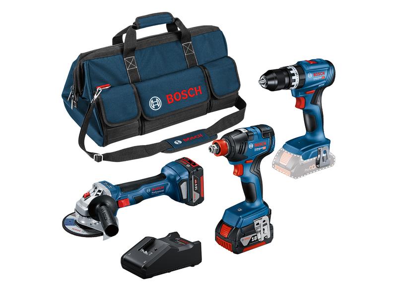 Bosch Professional Akku-Schlagbohrschrauber Set 18 V-GSB GD Set aus Akku-Schlagbohrmaschine, Schlagschrauber und Winkelschleifer