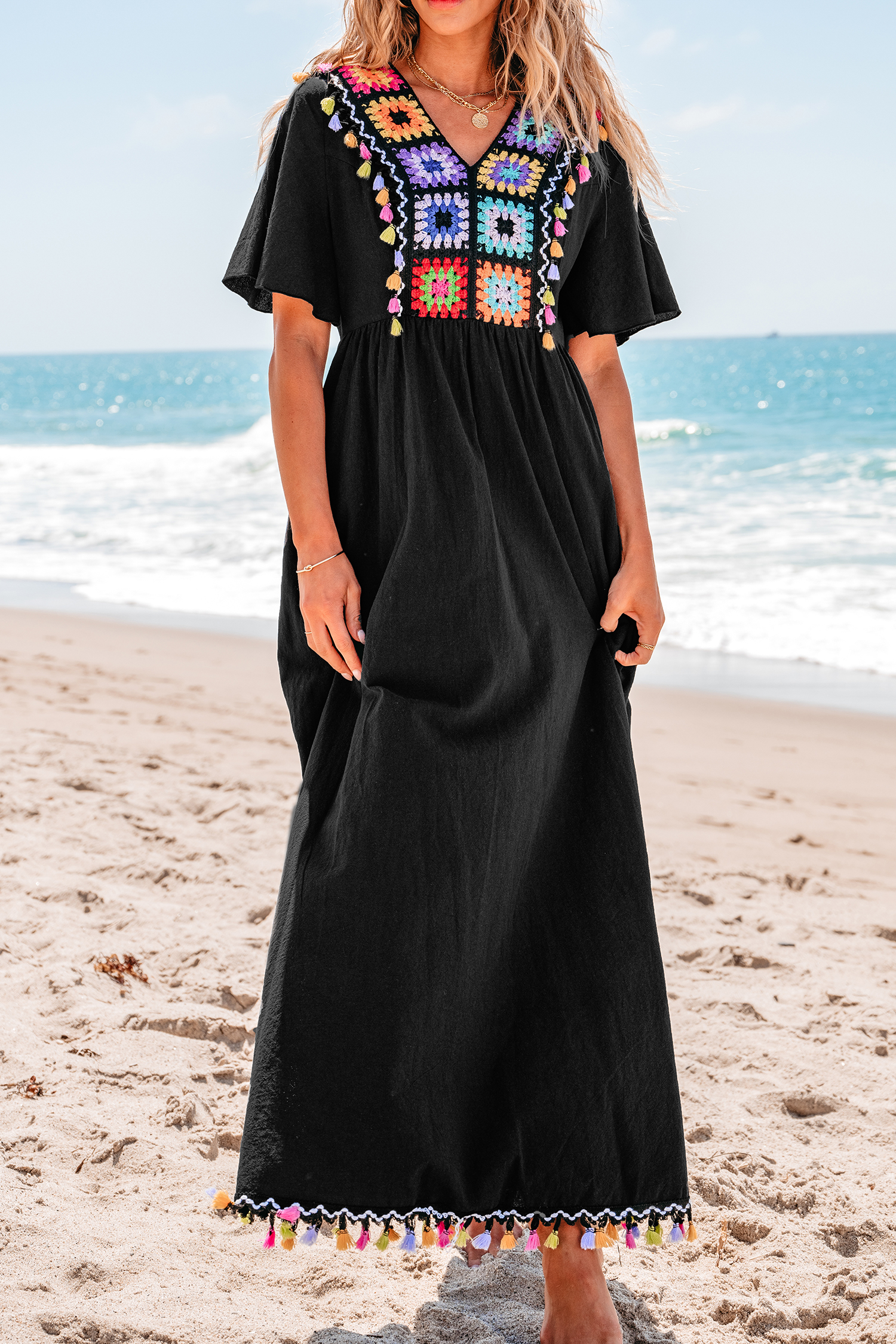 Robe maxi en pur coton et crochet à carré coloré