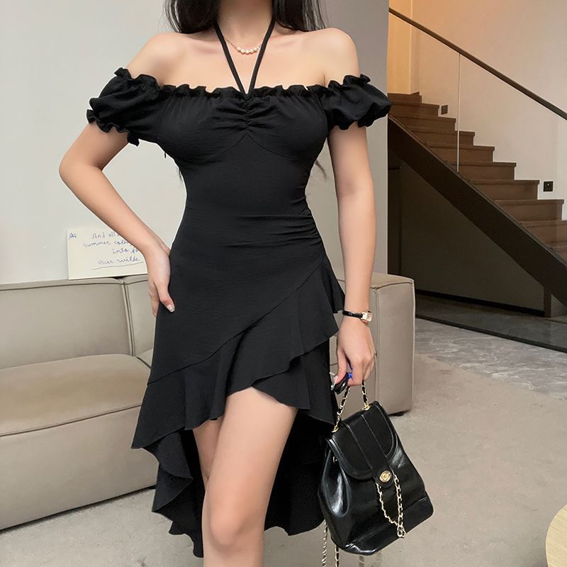 Rustie - A-lijn jurk met korte mouwen en off-shoulder, effen ruches