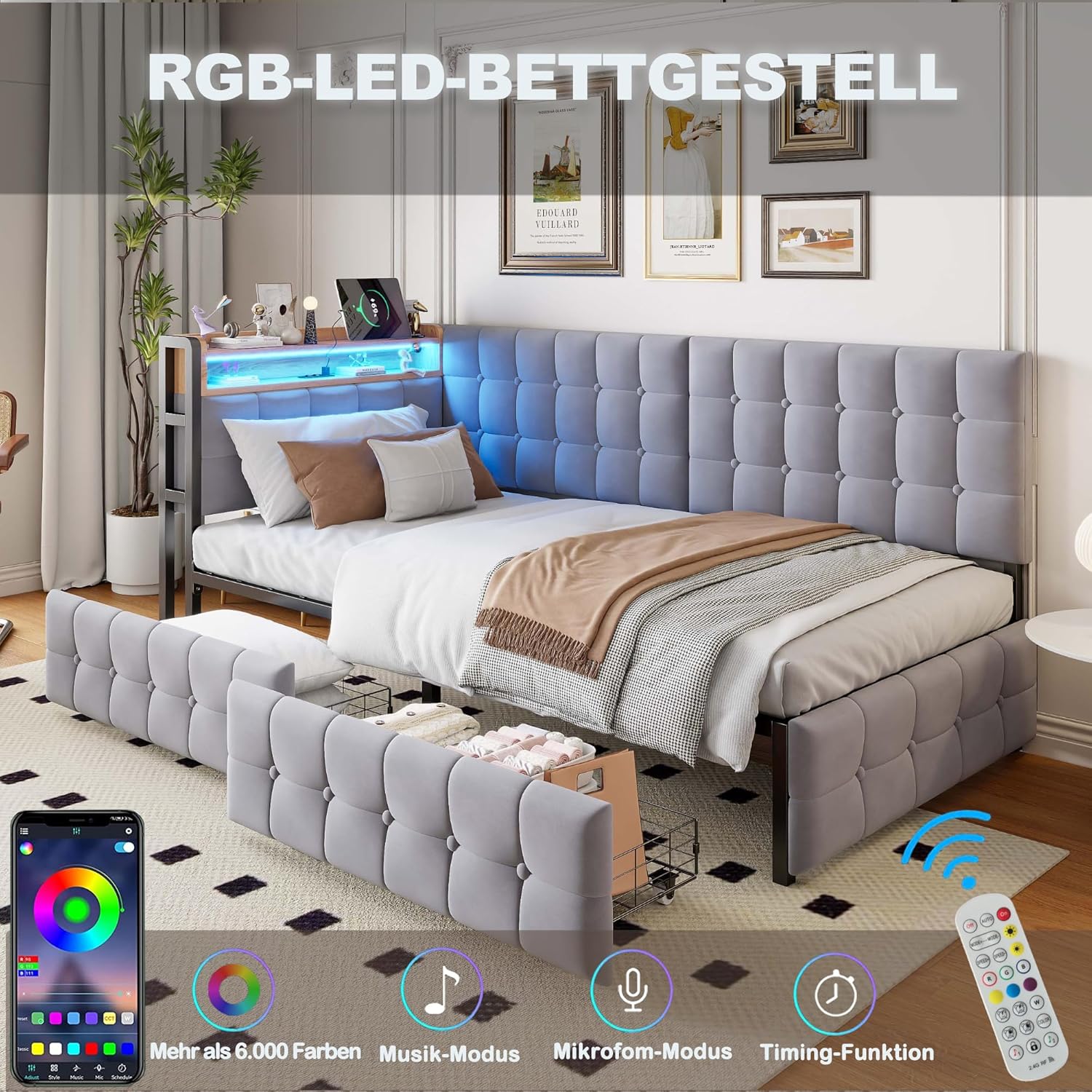 Polsterbett Schlafsofa 90x200 cm mit 2 Schubladen, Einzelbett mit LED Leuchten, USB und Typ-C-Anschluss, Metallbettgestell, Jugendbett Daybett, Samt, Hellgrau, ohne Matratze