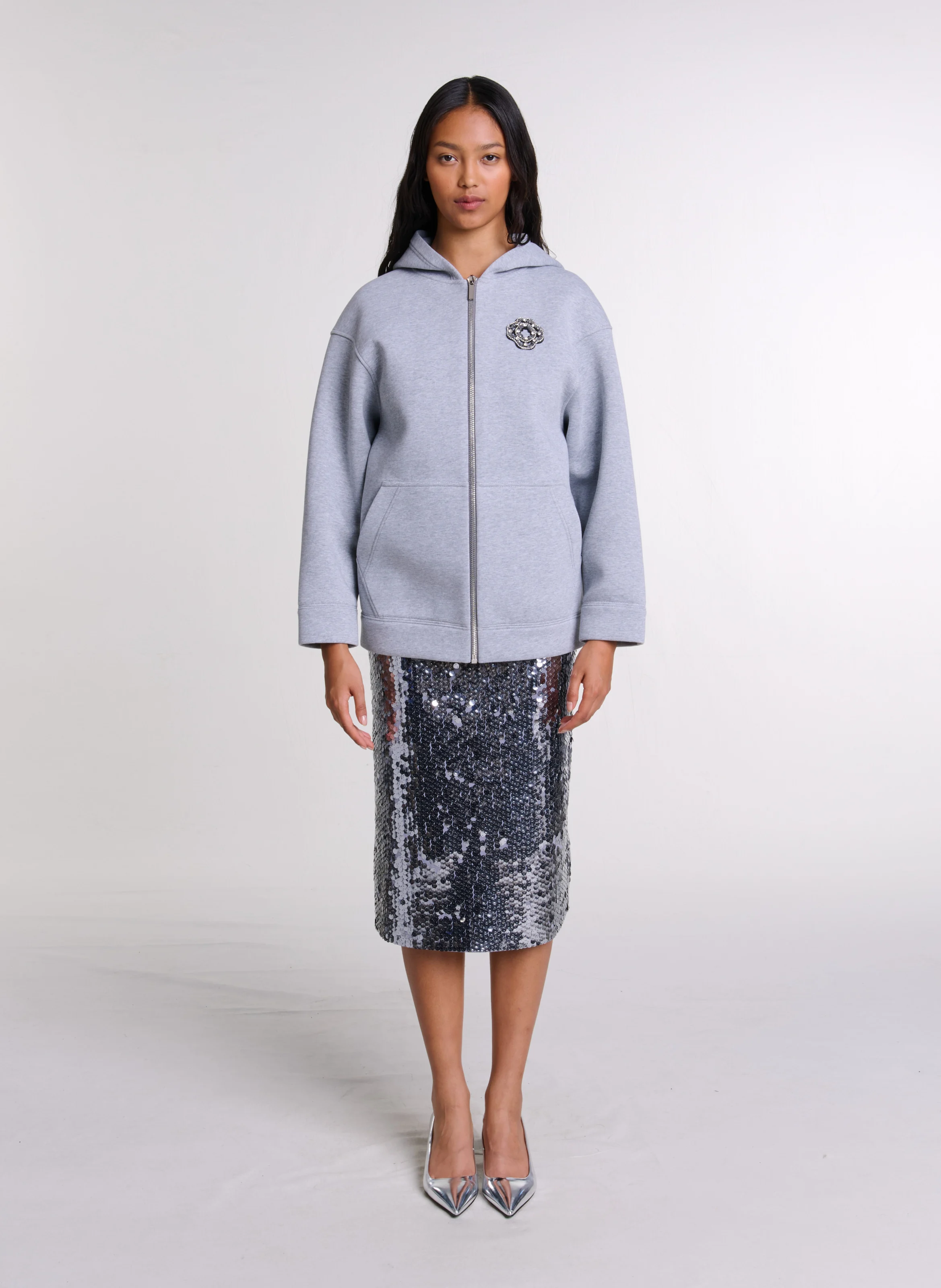 Sweat à capuche droit en coton | Gris
