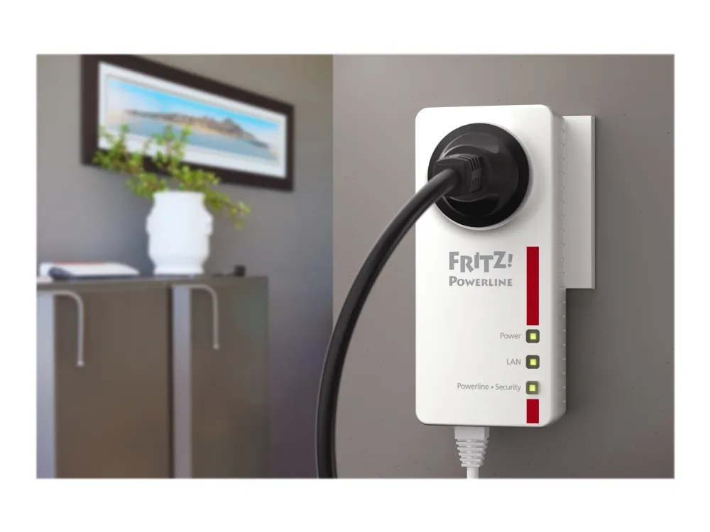 AVM FRITZ!Powerline 1220E - Powerline-adaptersæt 1GbE, HomePlug AV (HPAV) 2.0, IEEE 1901 - kan sluttes til vægstik (pakke med 2)