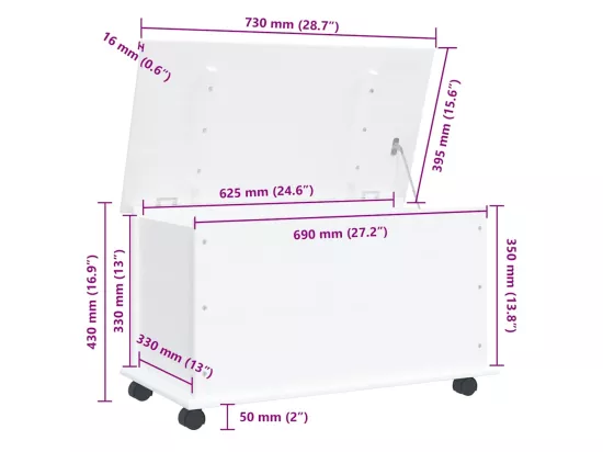 Coffre de rangement et roulettes ALTA blanc 73x39,5x43 cm