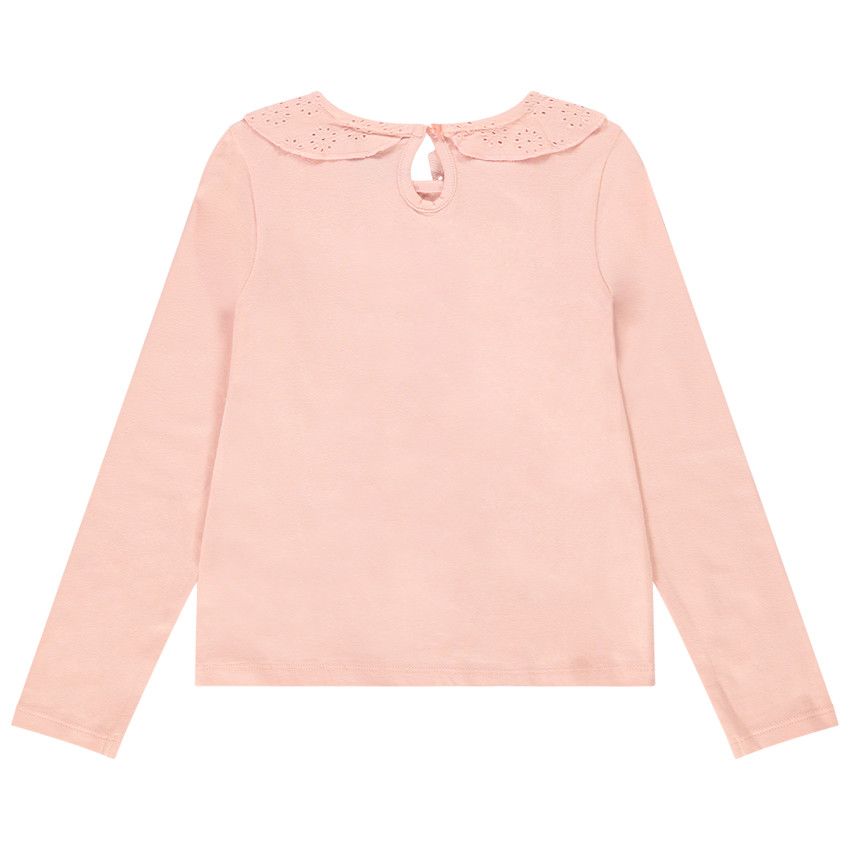 T-shirt manches longues avec col claudine en broderie anglaise pour fille - Rose