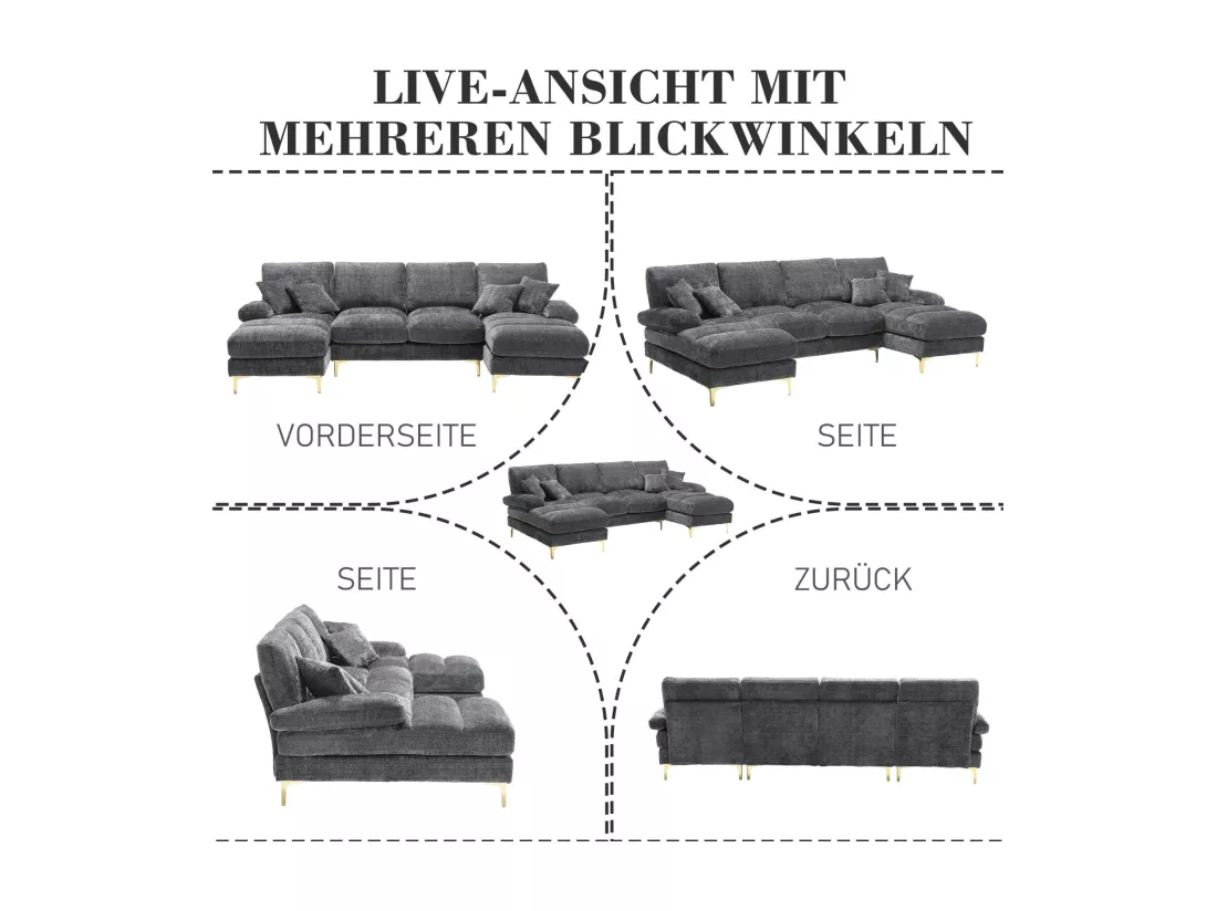 Canapé d'angle 4 places, 272x136x88cm,Grand canapé en forme de U, moderne, en tissu chenille, gris