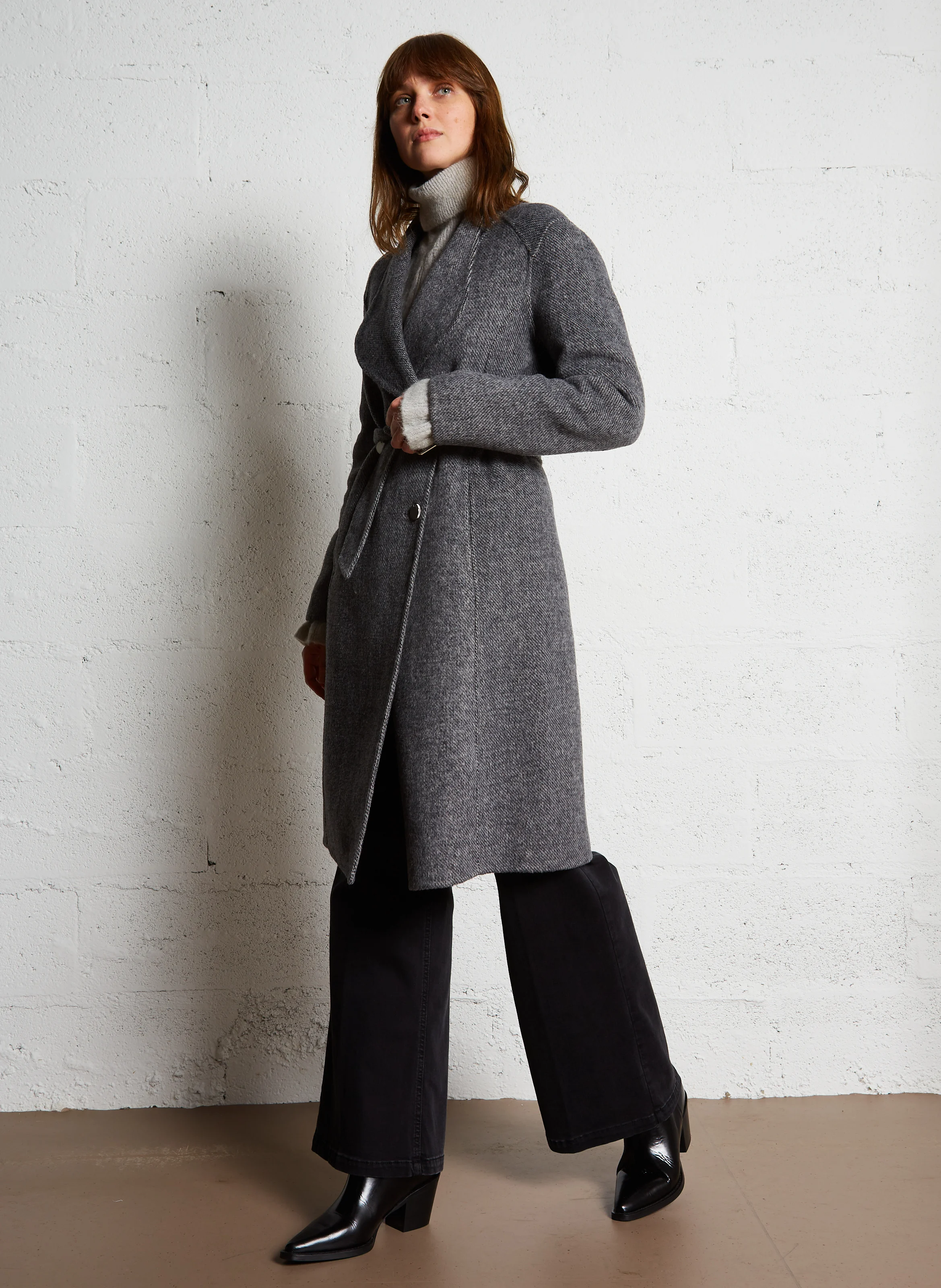 Manteau droit col à revers en laine mélangée | Gris