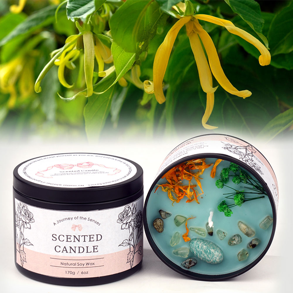 Duft Kerze in Dose Aromatherapie Sojawachs Kerze Home Deko Kristall Steine / Blumen - Ylang