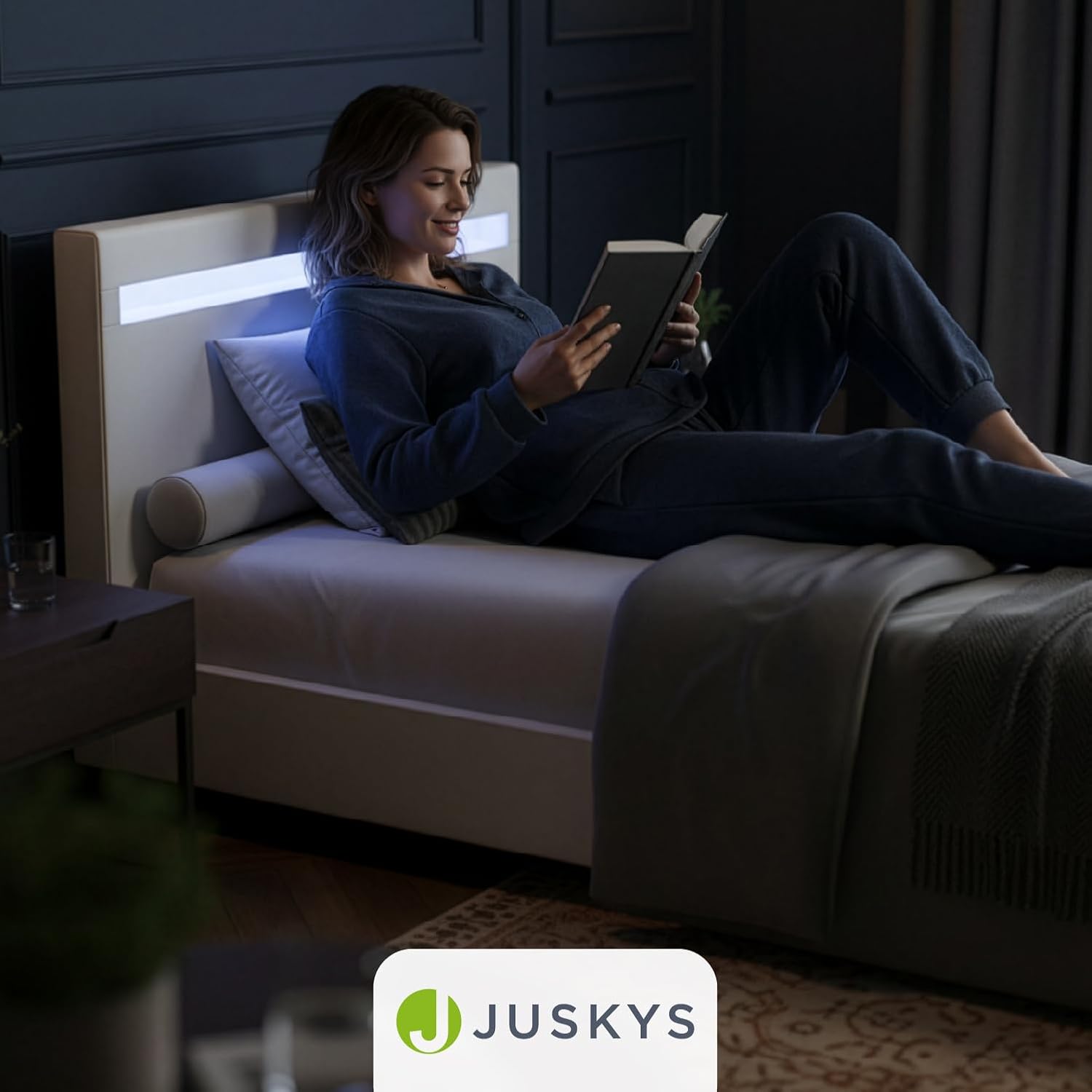 Juskys Polsterbett Paris 90x200 cm mit LED-Beleuchtung, Lattenrost & Kopfteil, Bett mit Gestell aus Holz & Kunstleder Bezug, weiß