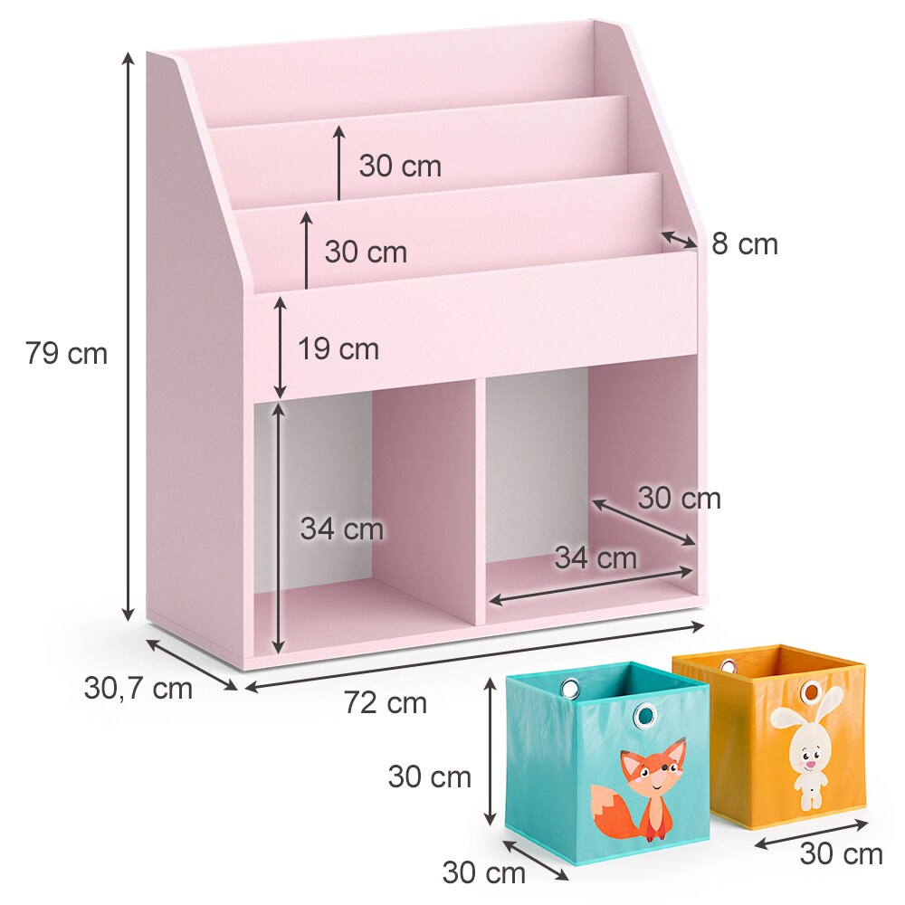 Vicco Kinderbücherregal Luigi 72 x 79 cm, Rosa, Kinderzimmerregal, mit Faltboxen