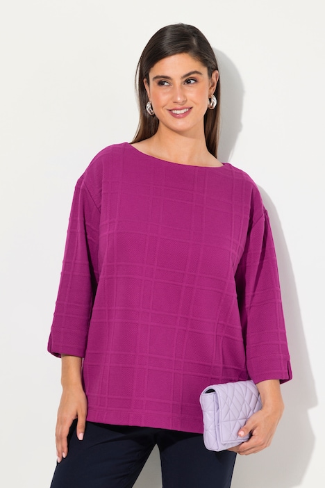 Sweatshirt, Strukturkaro, U-Boot-Ausschnitt, 3/4-Arm
