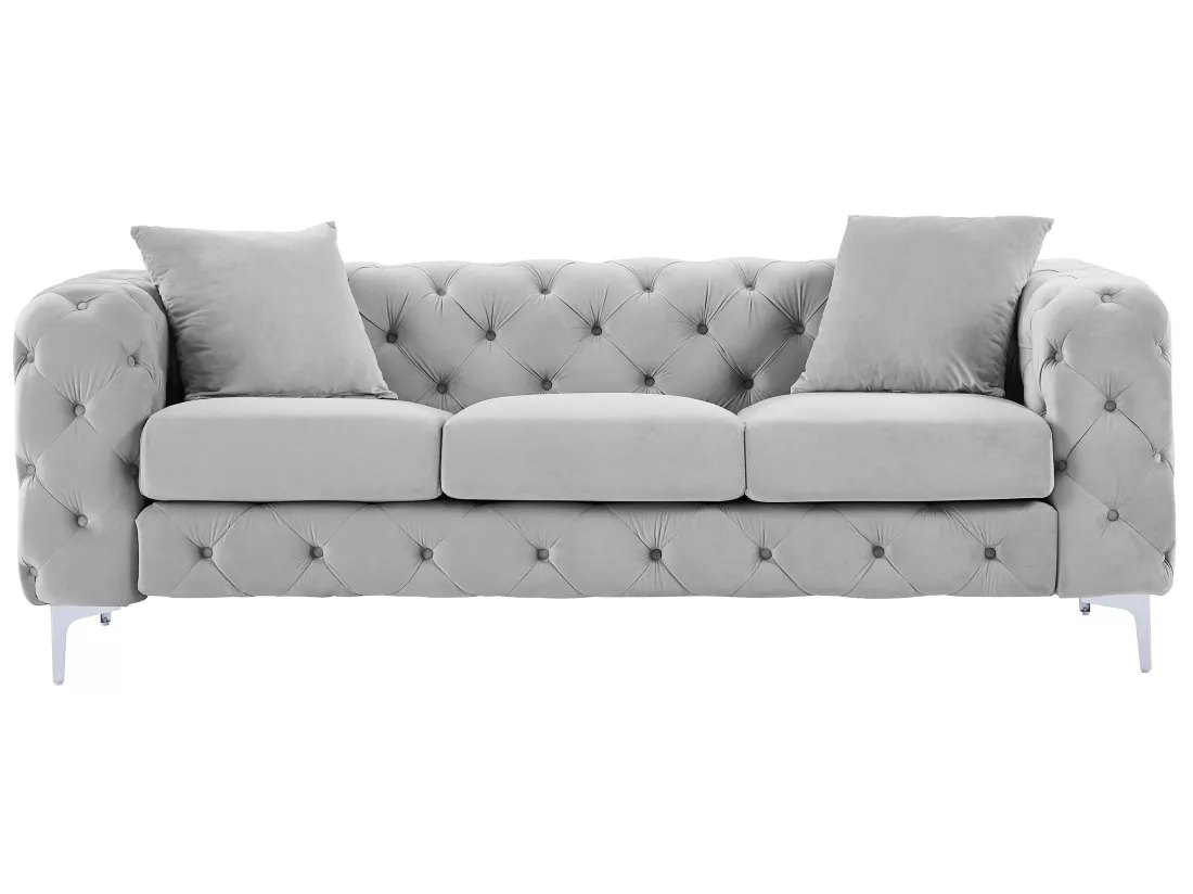 Canapé 3 places et fauteuil en velours gris clair EDWINA
