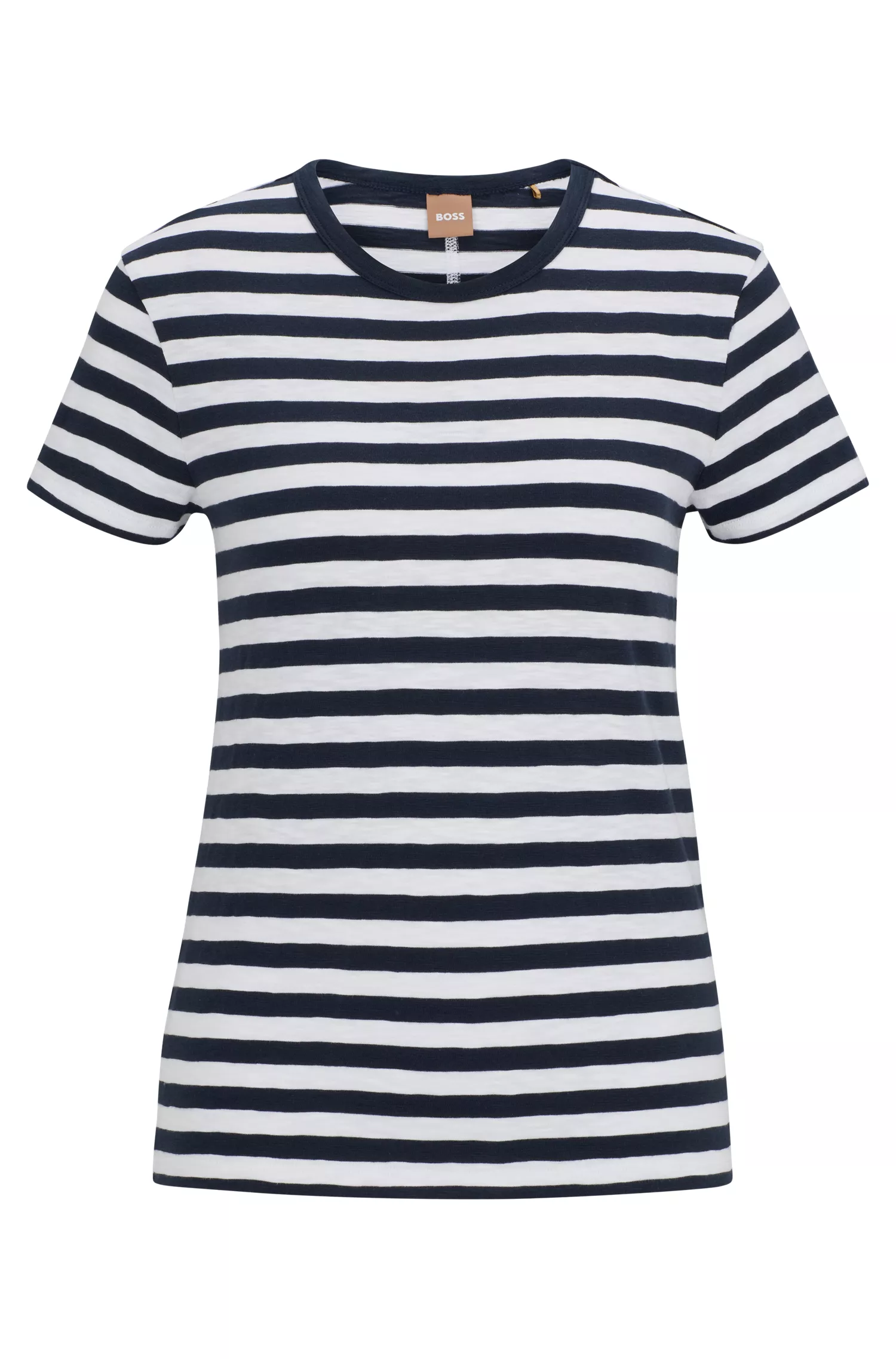 Camiseta BOSS laranja em algodão texturizado com listra horizontal.
