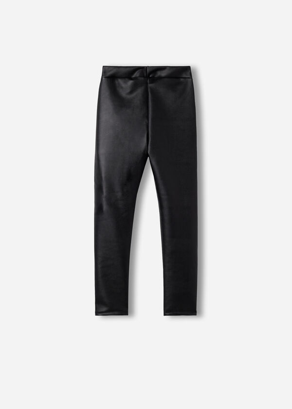Calças legging térmicas com efeito de couro para meninas