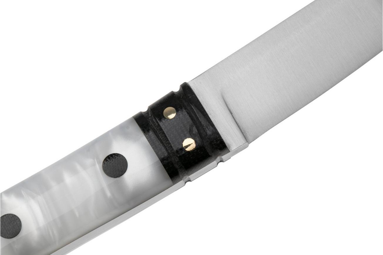 Bark River Kitsuné Tanto CPM 154 White Pearl Kirinite Black Micarta Bolster and Pins, vaststaand mes