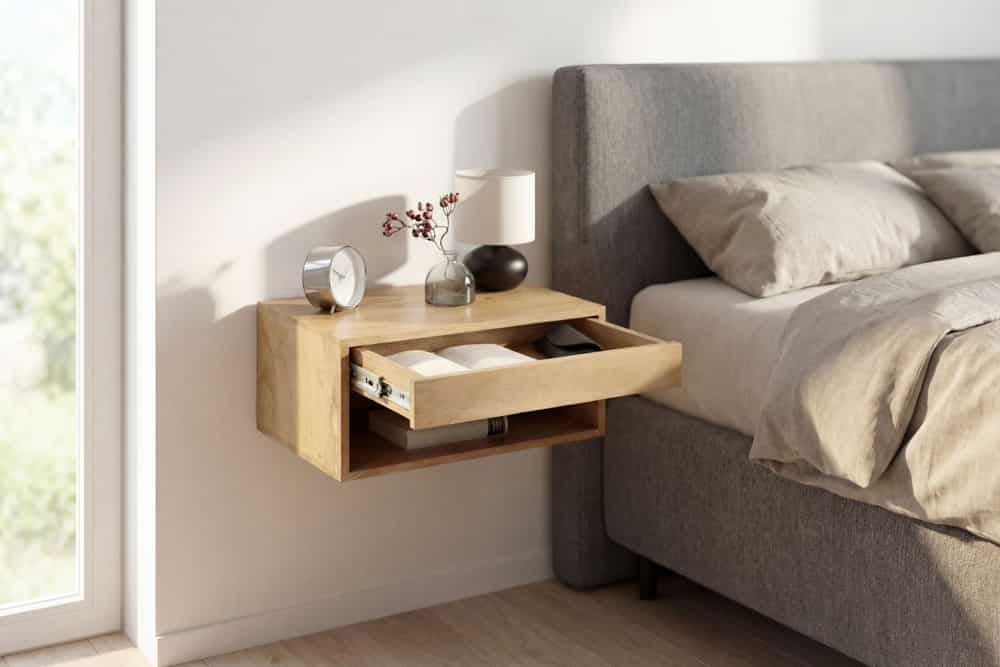 Hängender Nachttisch PURE 50cm natur Mangoholz cream finish Wandregal Schublade
