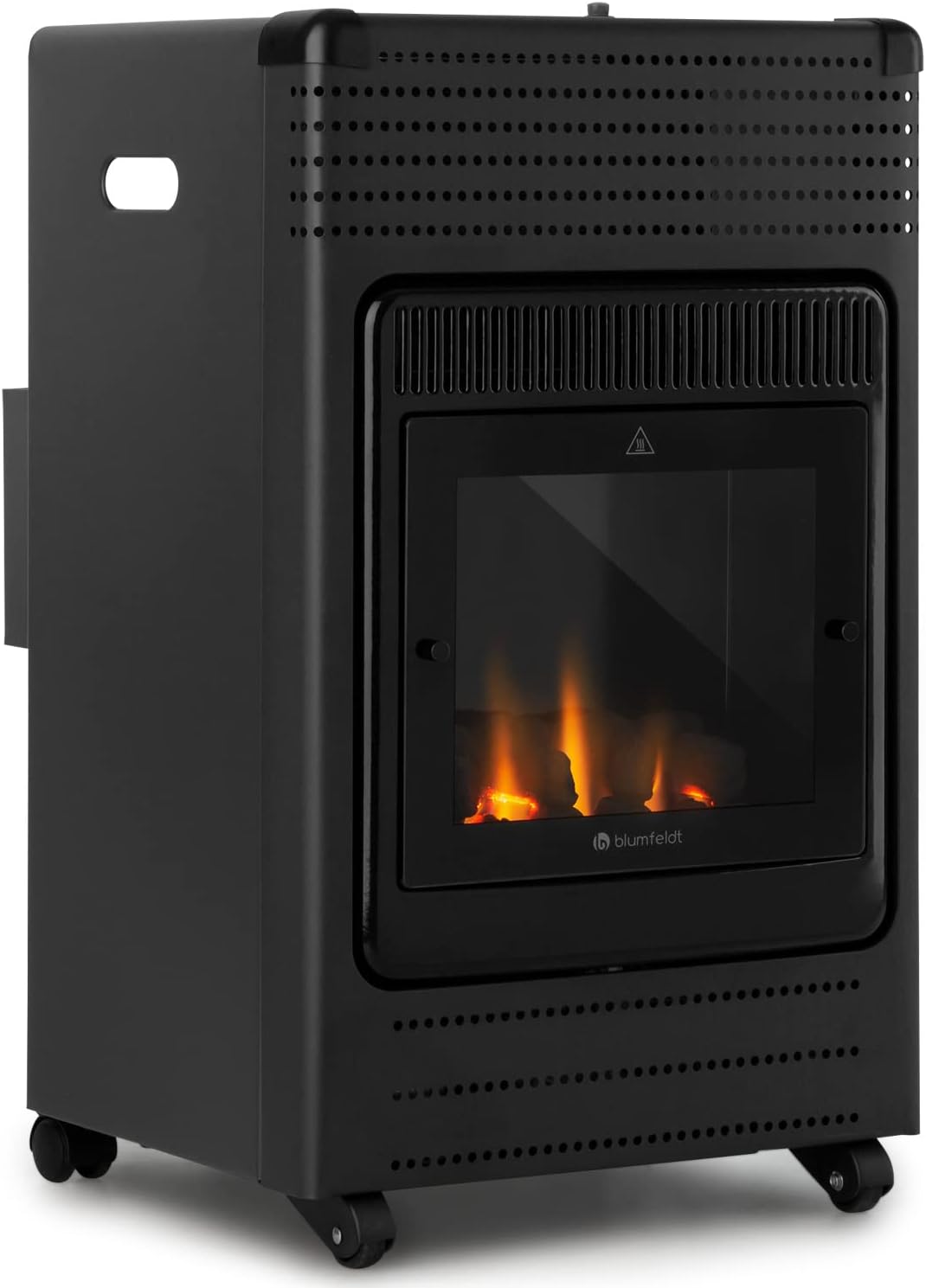 blumfeldt Andora Flame Gasheizofen - zwei Heizstufen mit 2 oder 3,4 kW, bis 11 kg Gasflaschen, Heizfläche: bis 68 m², inkl. Schlauch und Druckminderer, Feuerschein, elektrisches Zündsystem, schwarz