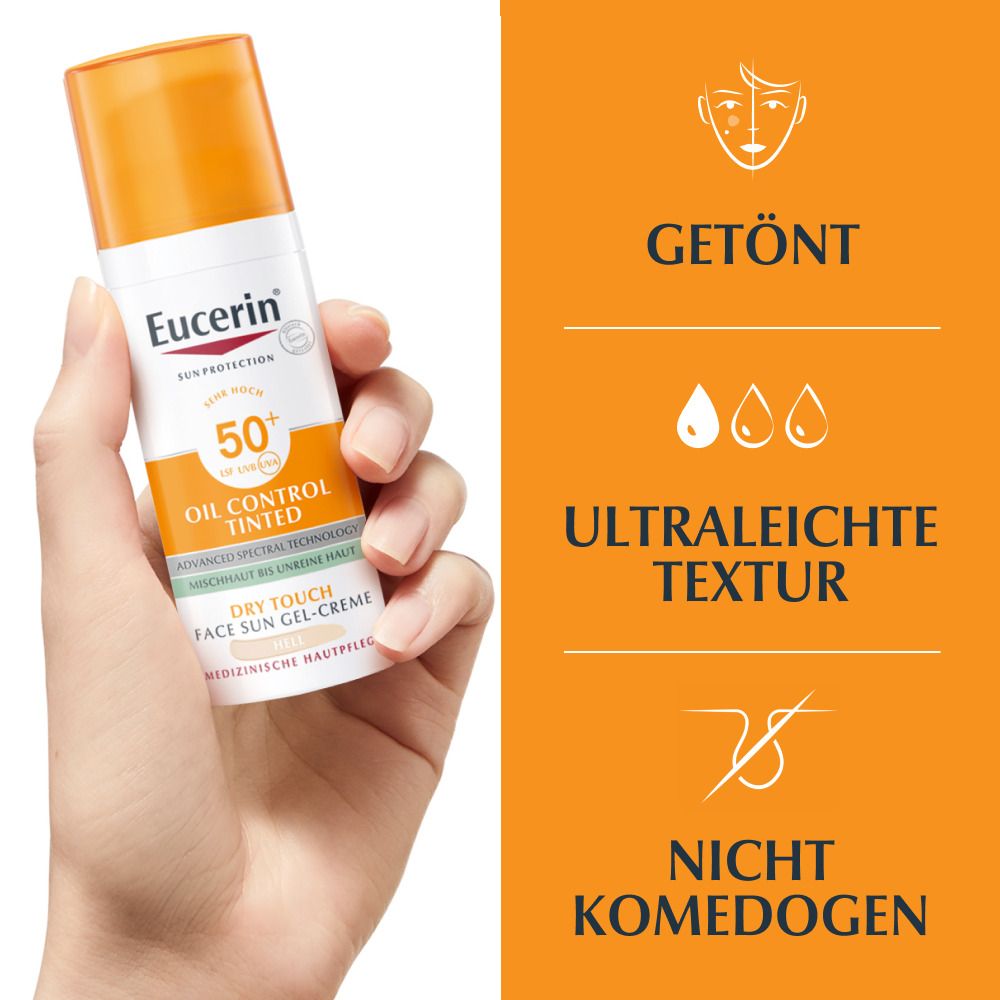 Eucerin® Oil Control Tinted Face Sun Gel-Creme mit LSF 50+ – getönter Sonnenschutz für fettige und unreine Haut – Hell