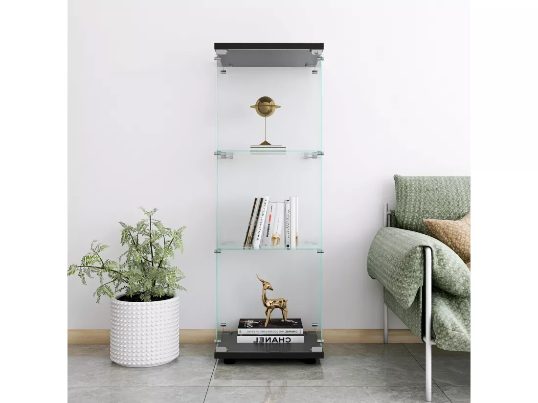 Vitrine en Verre - 3 étagères en Verre - bibliothèque à Poser au Sol pour Chambre à Coucher - Armoire Moderne en Bois avec Portes et Serrure - Noir