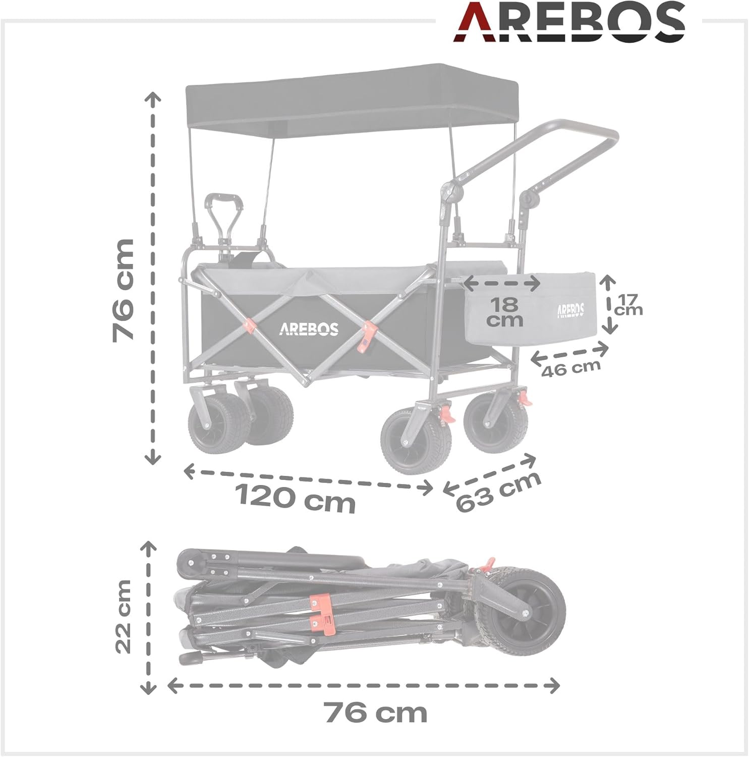 Arebos Bollerwagen faltbar mit Dach | Luxus Handwagen | Faltwagen | Transportwagen | XXL Tasche | klappbar | bis 100 kg | Gerätewagen | 360° Vorderräder | Schwarz