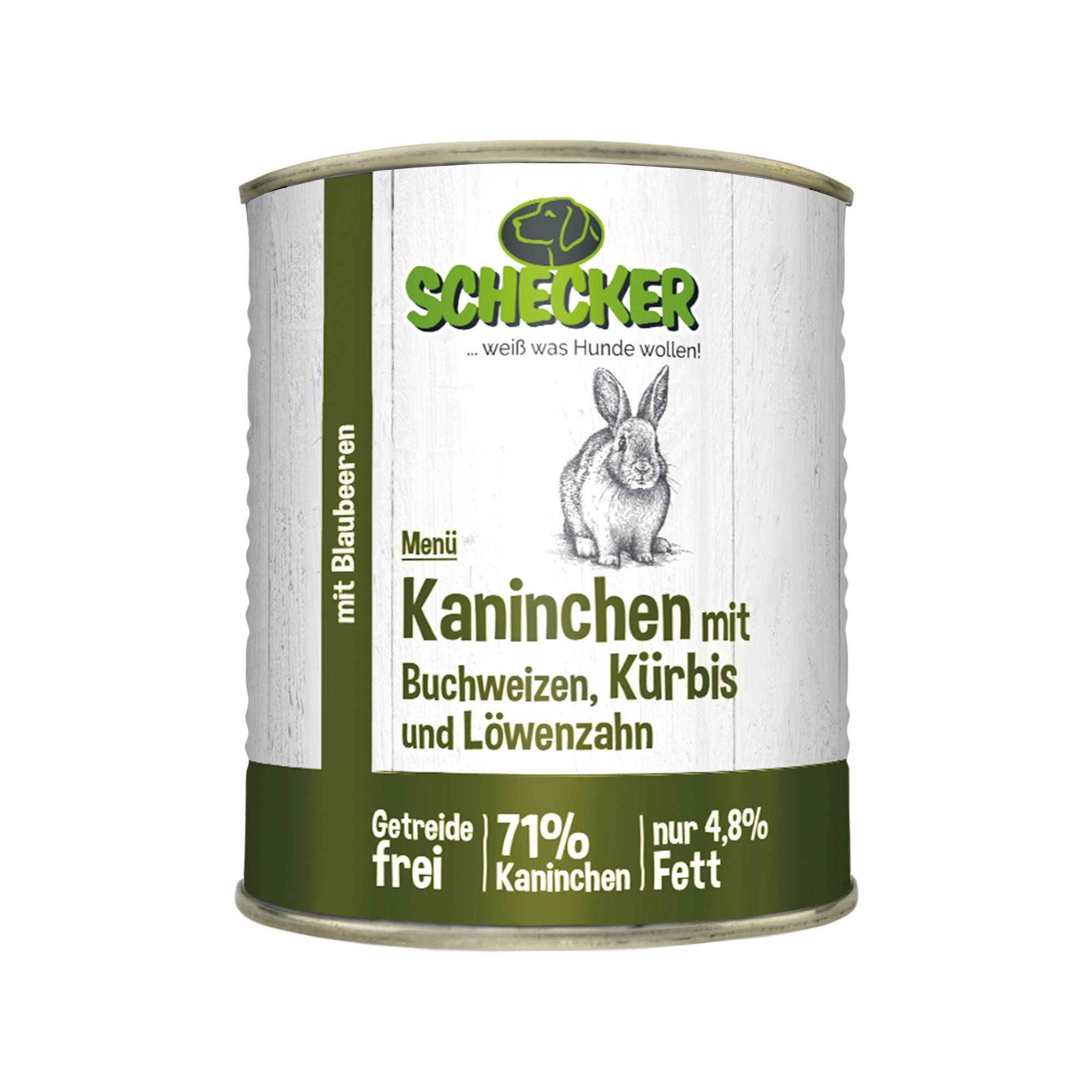 Schecker Nassfutter - Hundemenü mit (71%) Kaninchen - Buchweizen - Kürbis - fettarm