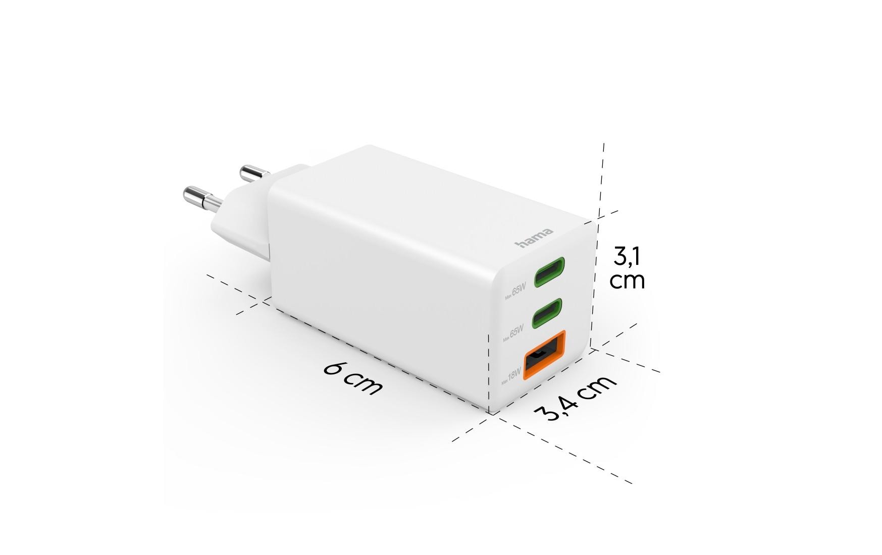 USB-Wandladegerät Gan charger 2x USB-A USB-C 65 W WeissSchnellladegerät mit 1x USB-C und 2x USB-A