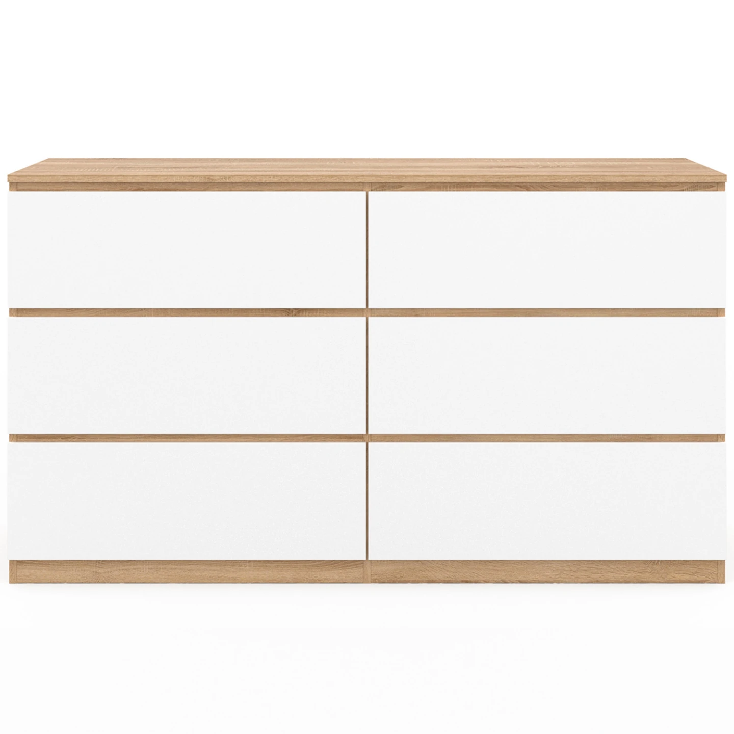 Commode 6 tiroirs TOMI XXL 140 cm bois façon hêtre et blanc