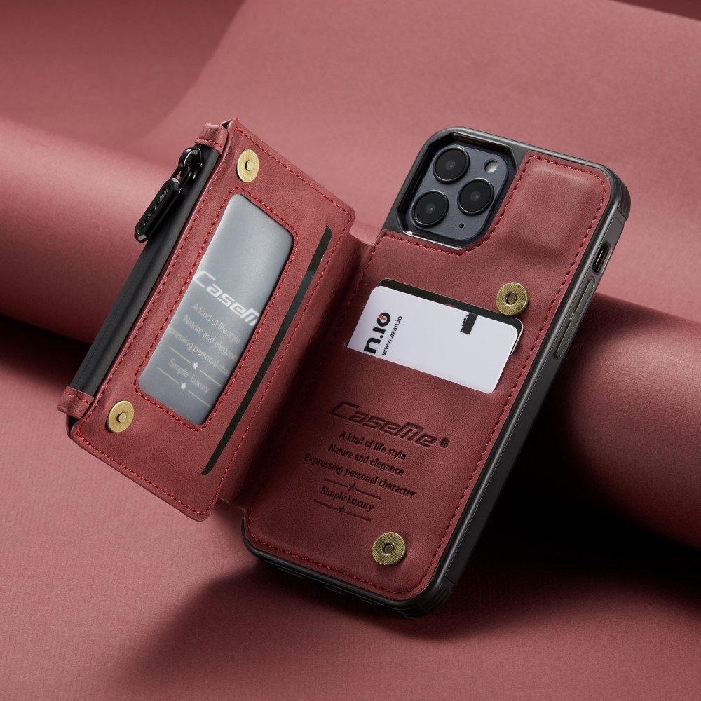 iPhone 12 / iPhone 12 Pro Leder Schutzhülle mit Münzbeutel   3 Kartenfächern - Rot