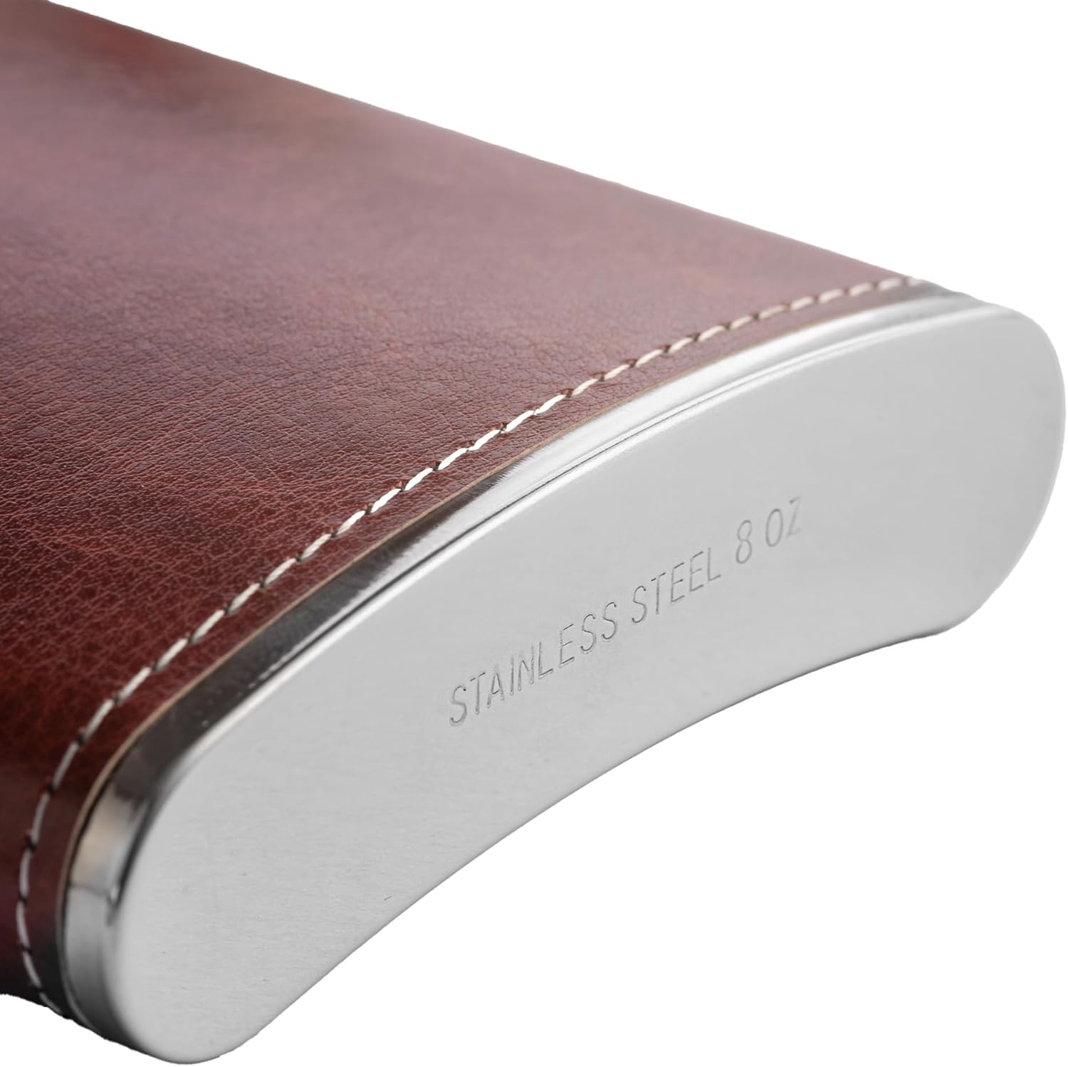 (236ml) Edelstahl Flachmann im Leder Design Edle Geschenkidee inkl. Trichter / Shot Becher - Braun / Silber