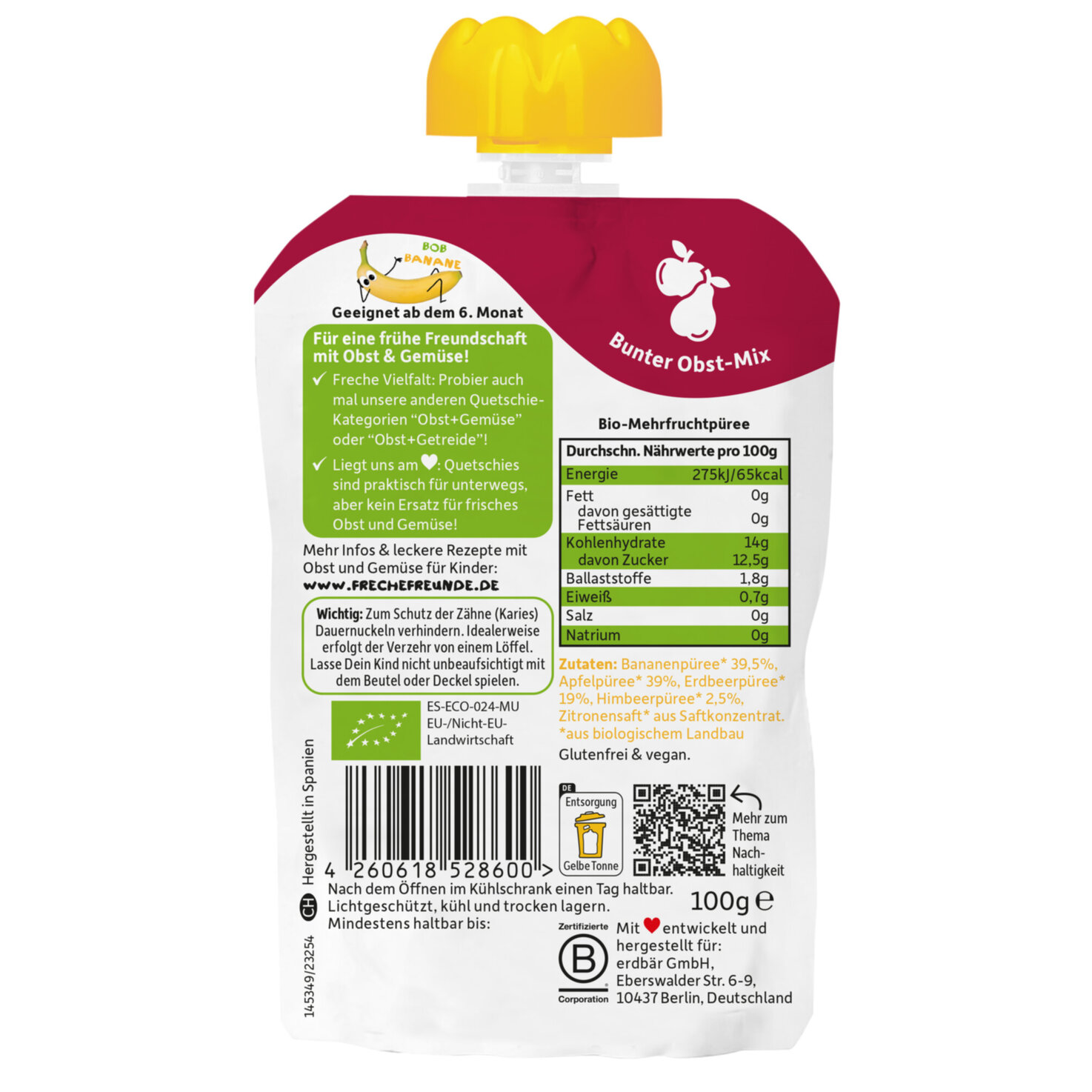 Freche Freunde Bio Quetschbeutel Banane Apfel Erdbeere Himbeere 6+ Monate
