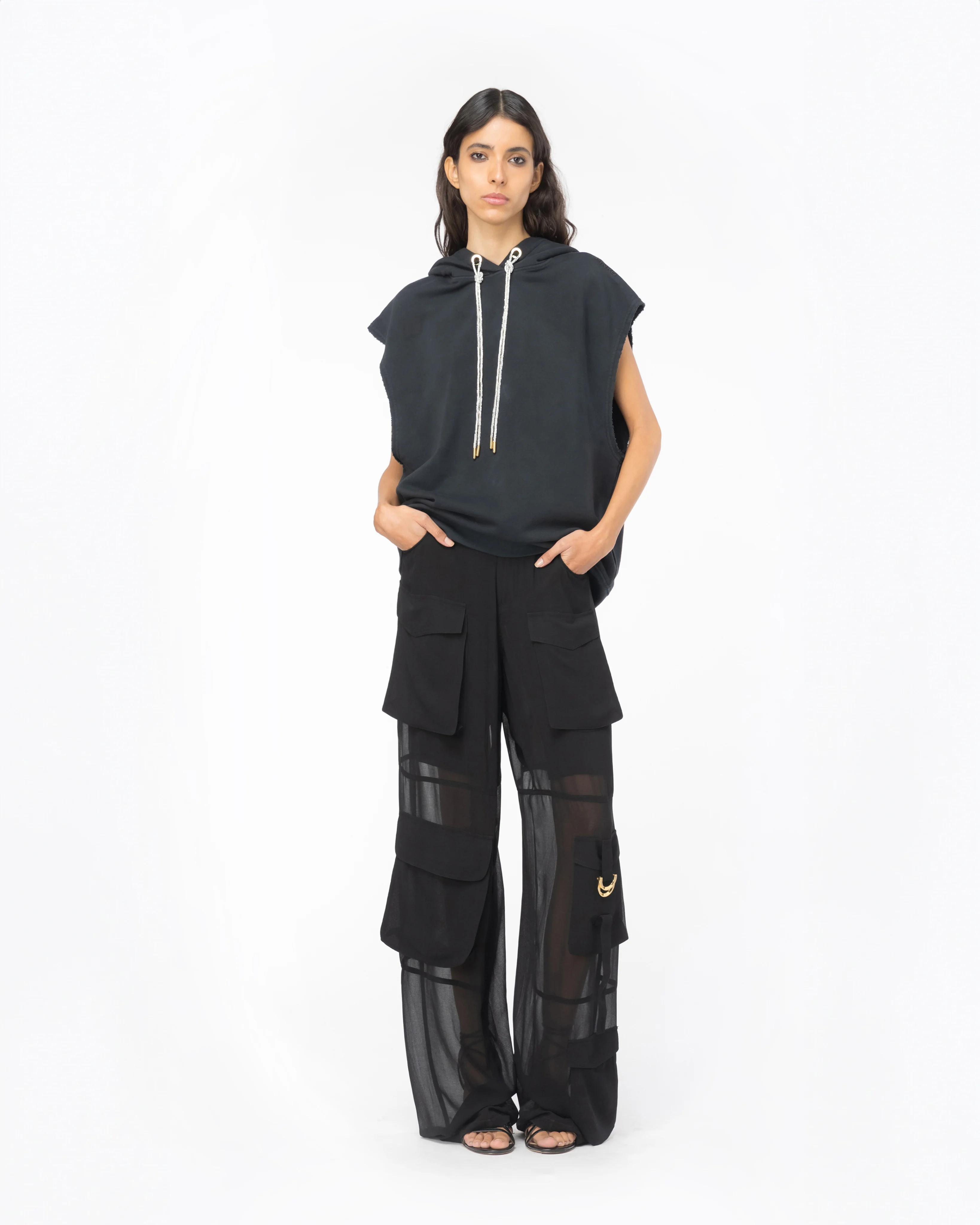 Sweat-shirt sans manches avec cordon de serrage | Noir