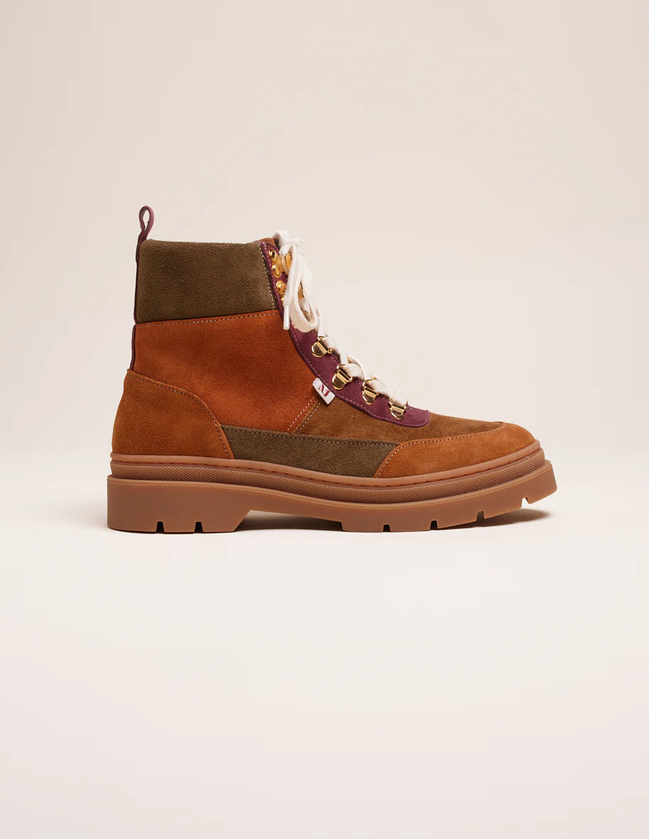 Bottines à lacets Joelle - Suède et velours cognac bordeaux
