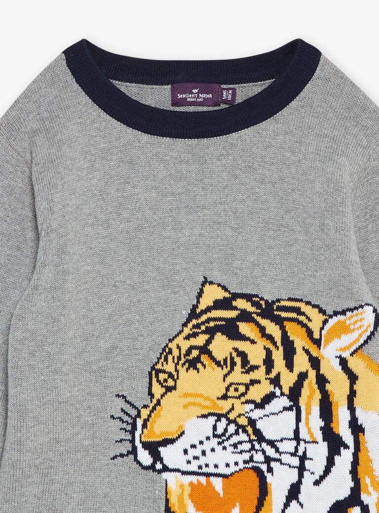 Pull gris chiné à motif tête de tigre