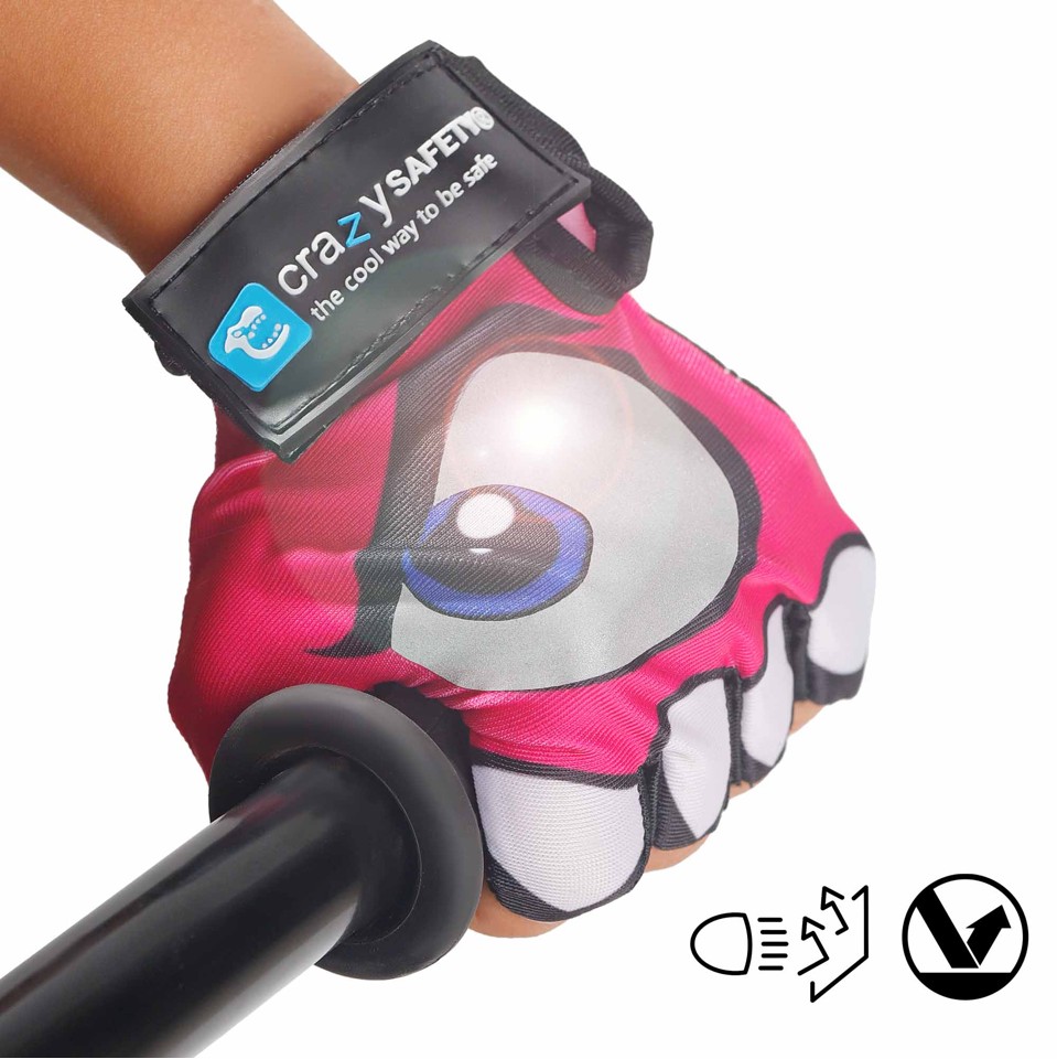 Crazy Safety - Lyserøde børnecykelhandsker med reflekterende øjne, polstrede håndflader - Pink - Size S