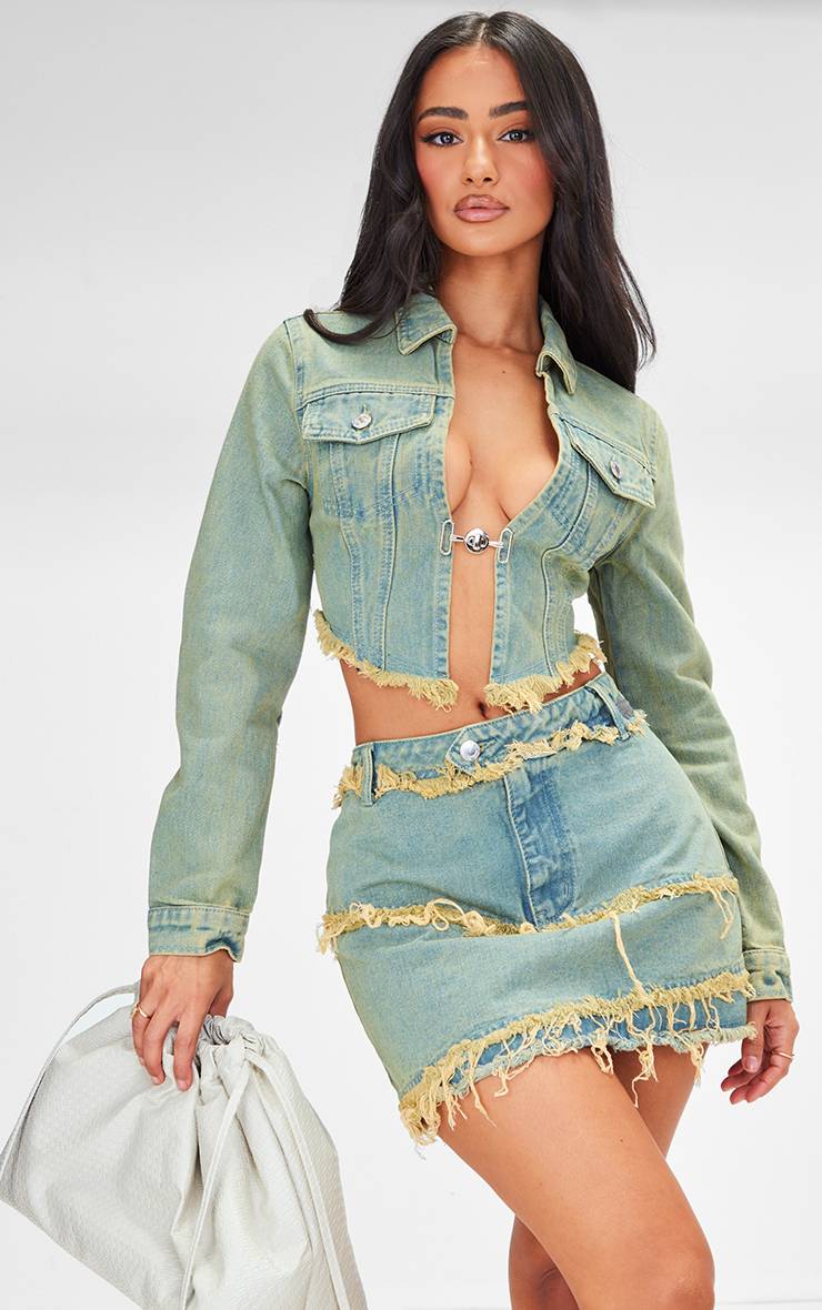 Vintage Bleach Wash Veste Courte Ajustée En Denim Délavé À Col Ouvert Petite Taille