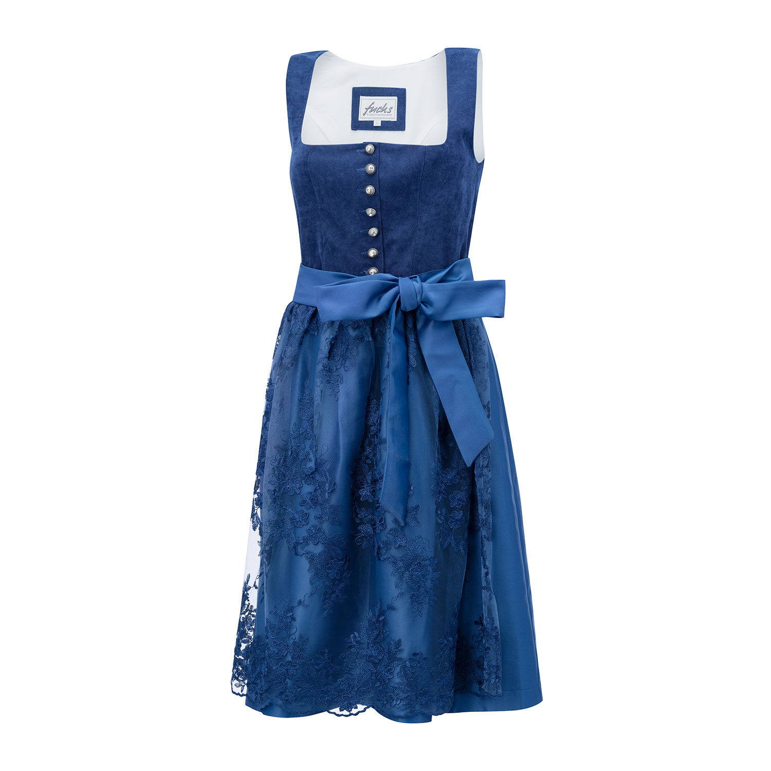 Dunkelblaues Dirndl mit Blumenstickerei
