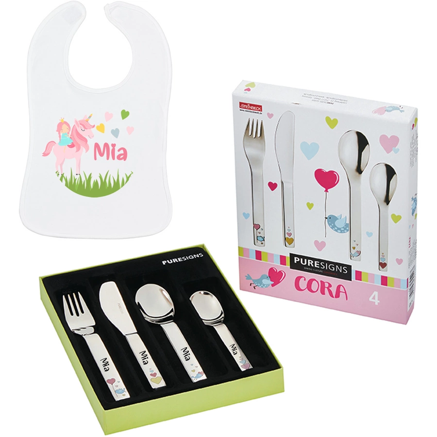 Schnullireich Geschenkset mit Namen Cora: Puresigns Kinderbesteck + Lätzchen Einhorn Herz Silber