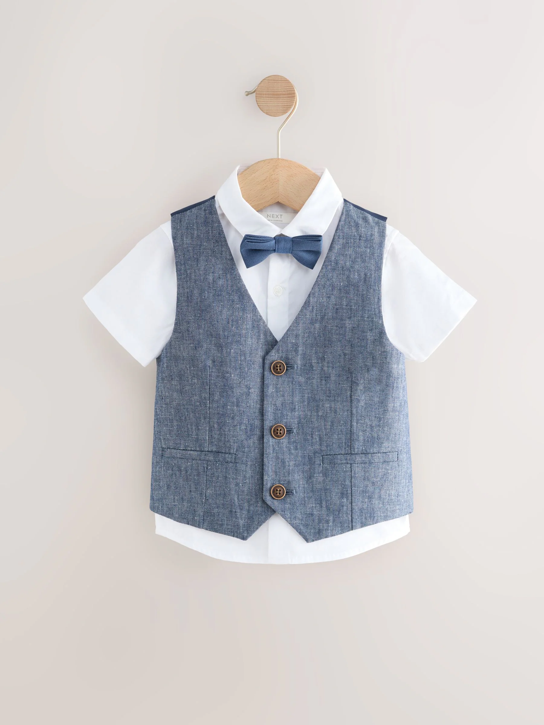 Marineblauw - Set van gilet van katoen/linnenmix, overhemd en vlinderstrik (3 mnd - 9 jr)