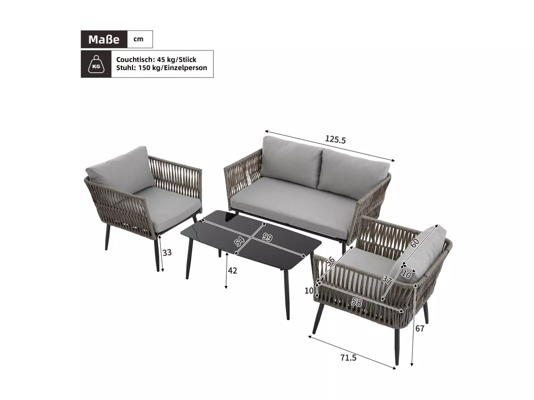 Salon de jardin, ensemble de meubles de jardin, 4 places, canapé, 2 fauteuils et table basse, extérieur, corde PE tressée, acier galvanisé, gris
