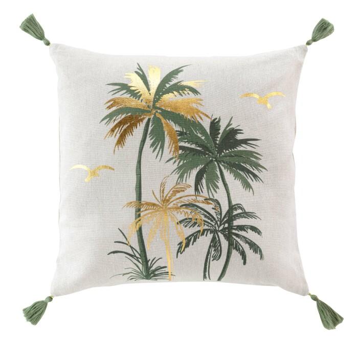 COUSSIN DEHOUSSABLE POMPONS 45X45CM IMPRIME METAL SAUGE