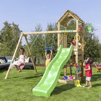 Speeltoestel Jungle Gym Cocoon met groene glijbaan en dubbele schommel van grenenhout