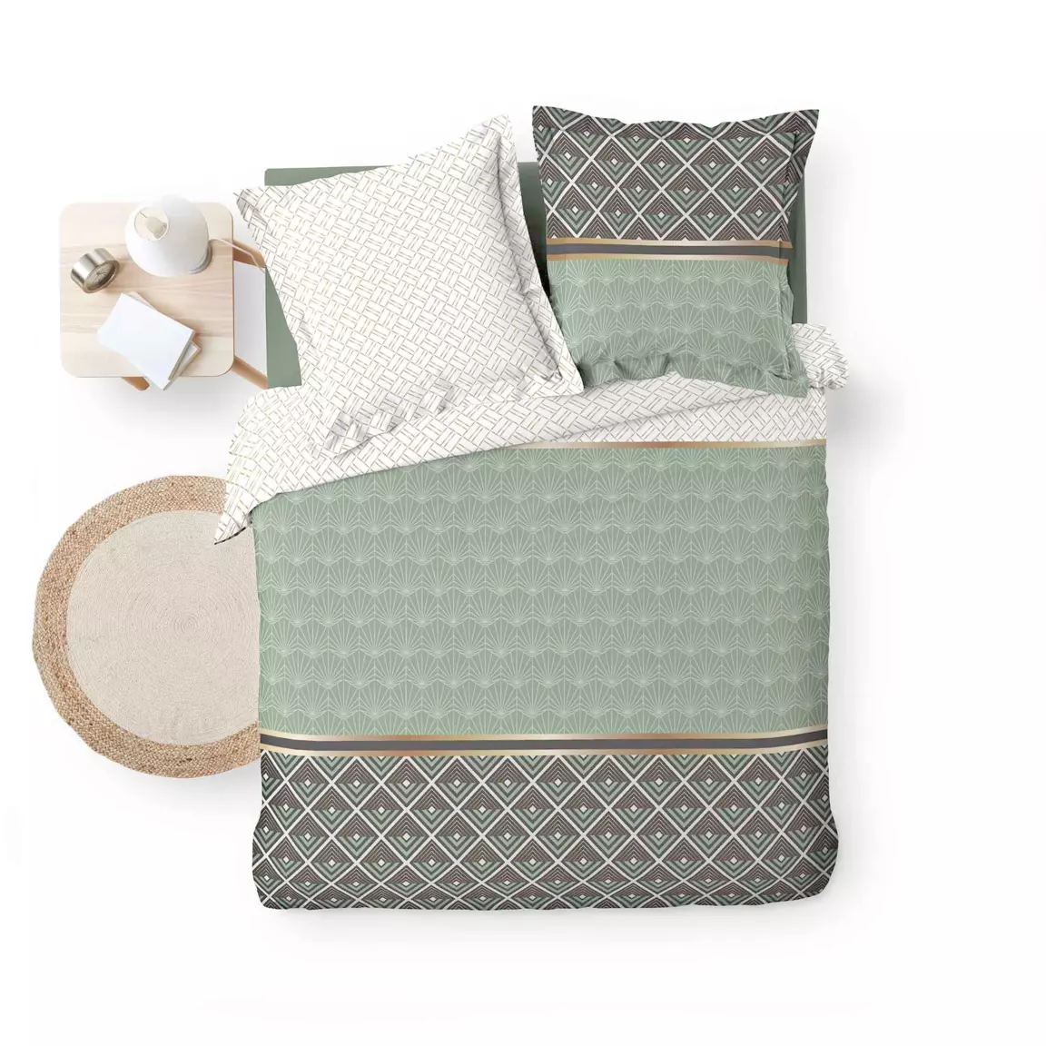 Housse de couette et deux taies percale de coton (240 x 220 cm) Belor Verte