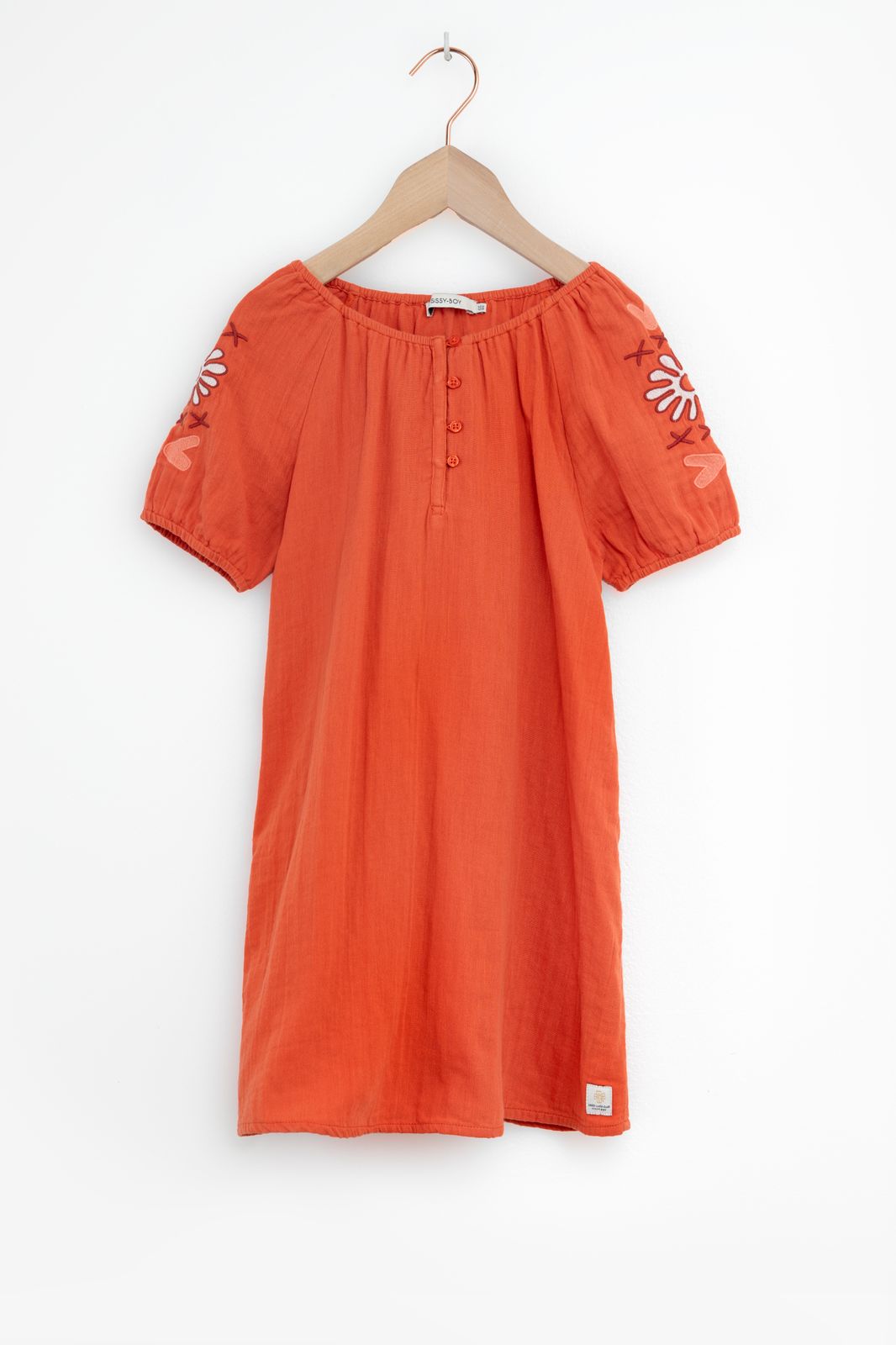 Warm oranje mousseline jurk met embroidery