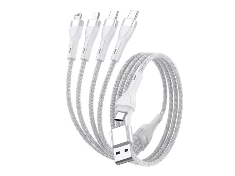 (1.2m) 15W 4in1 USB C / USB A auf 2x USB C / Lightning / Micro USB Ladekabel Nylon Datenkabel Power Delivery (541024) - Weiss