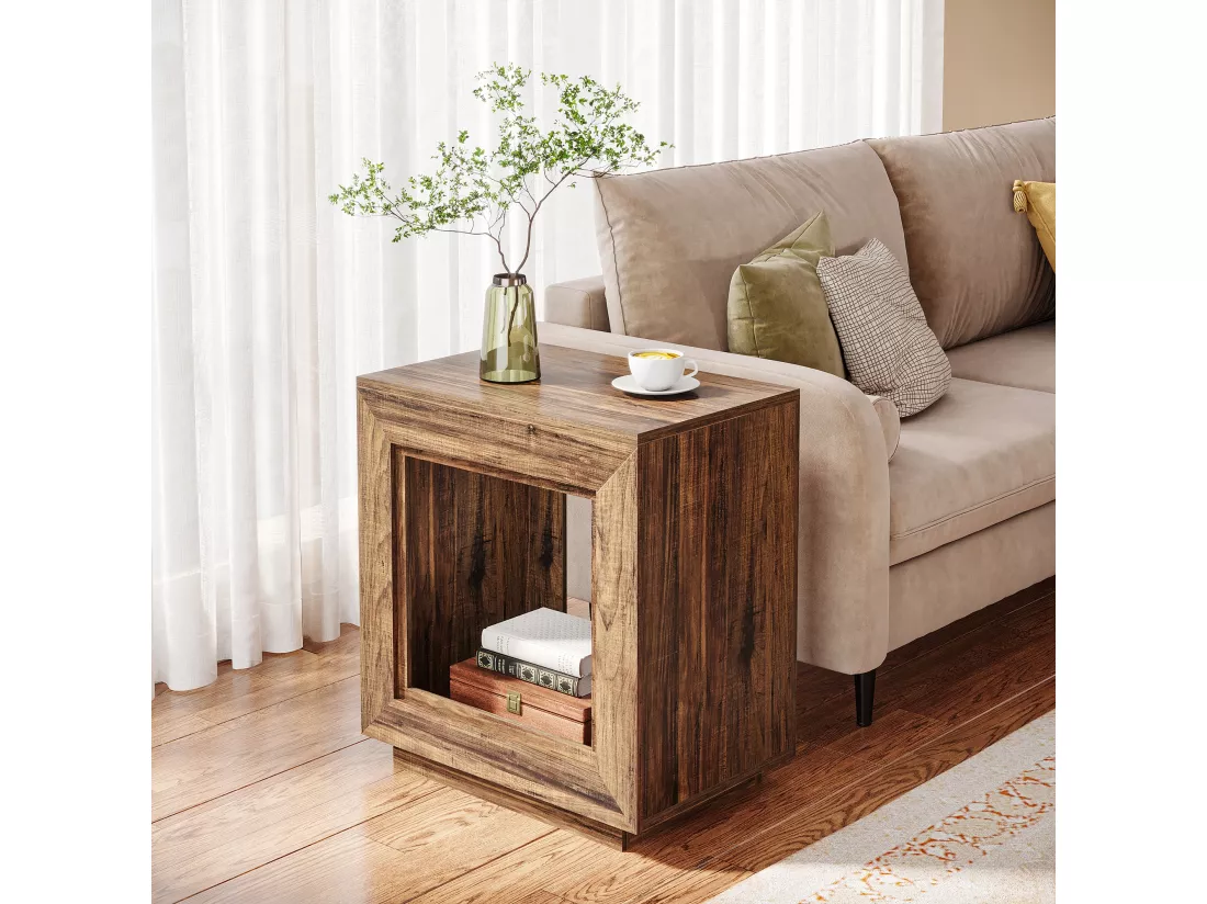Tribesigns Petite Table d'Appoint Bout de Canapé en Bois, Table de Chevet Carrée pour Chambre à Coucher avec Étagère de Rangement pour Salon, Entrée Rustique Marron