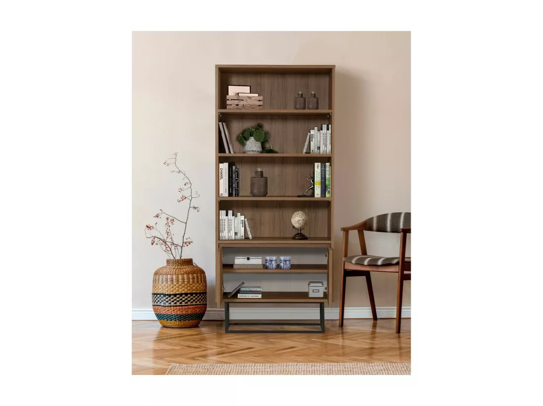 Bibliothèque Almeni, Etagère de bureau, Porte-livre mobile, Librairie, 80x36h182 cm, Noyer et Noir